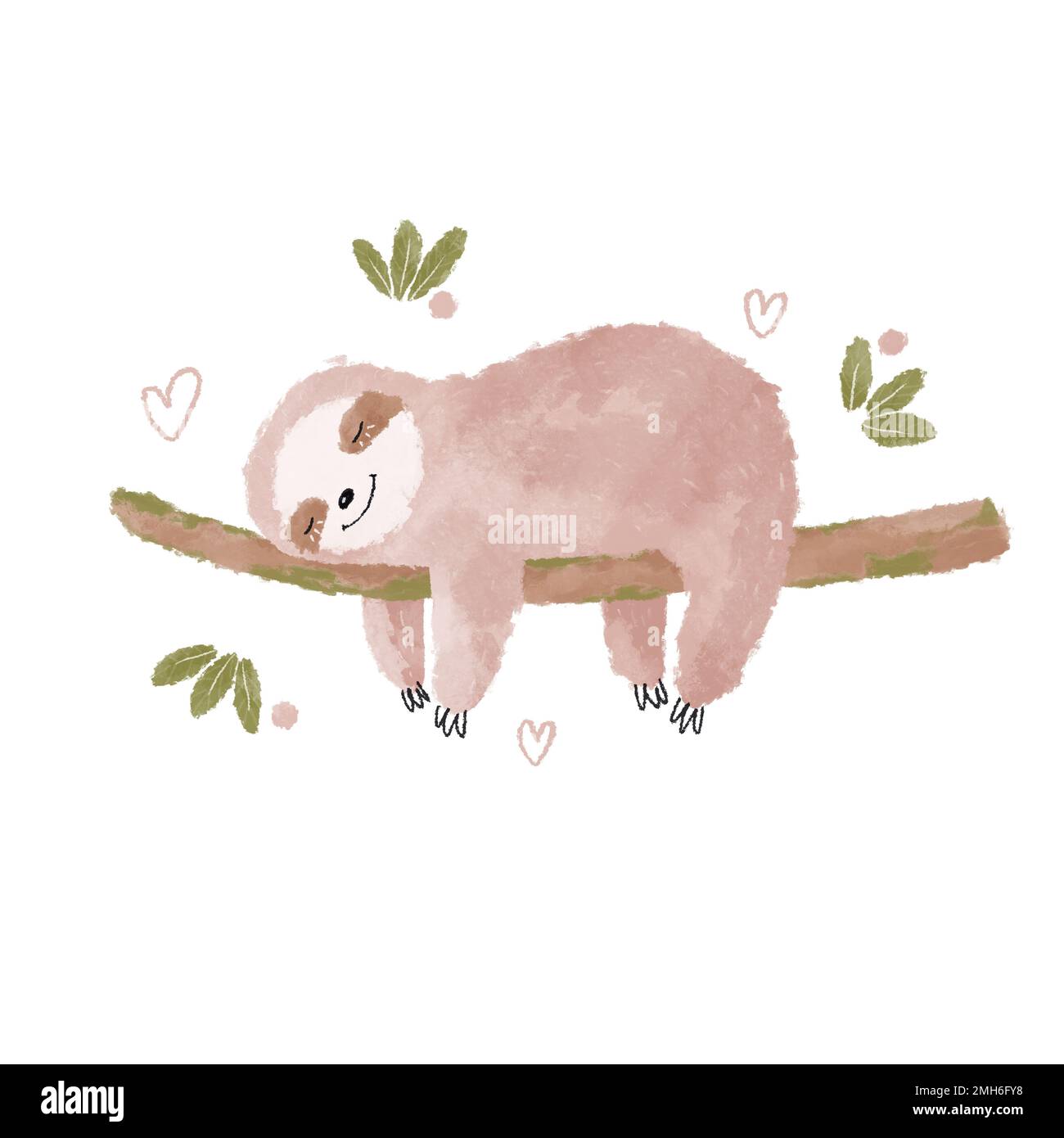 Süßes pinkfarbenes Faultier in Aquarellfarbe. Schlafendes Babyfaultier. Cartoon-Faultier-Clipart Stockfoto