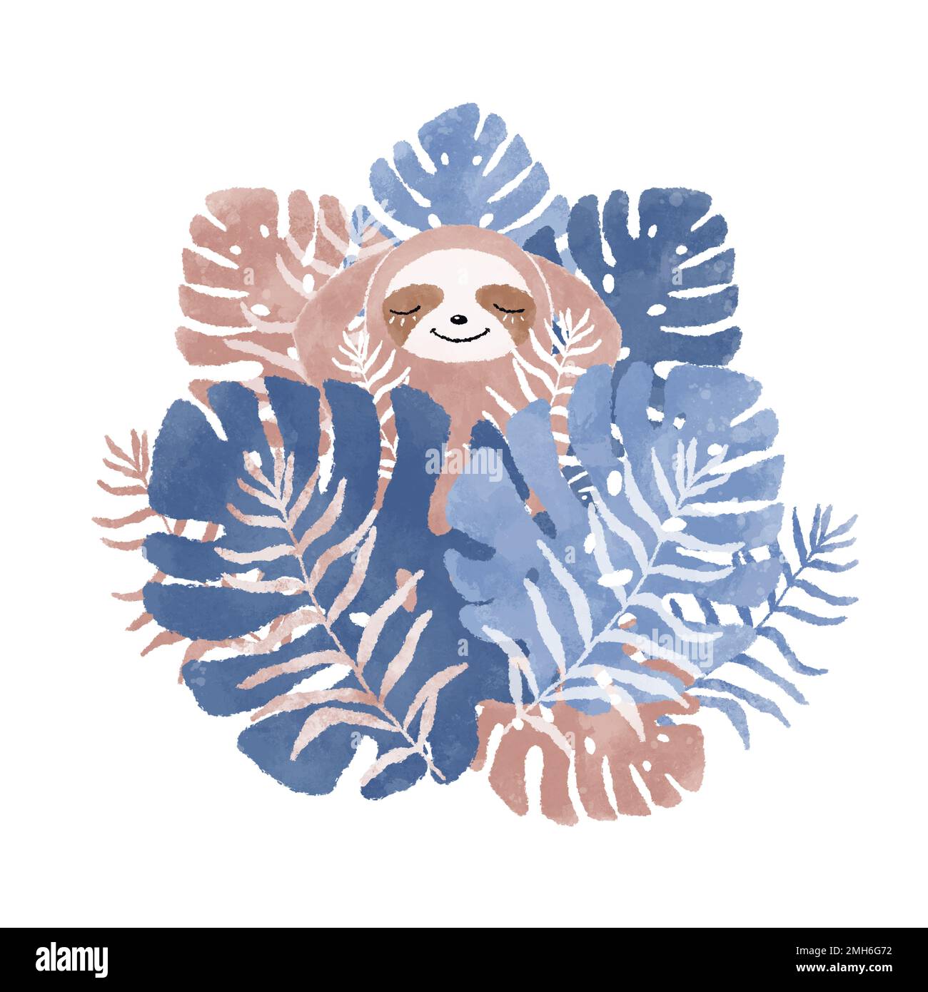 Süßes Faultier unter tropischen Blättern. Darstellung in tropischen Aquarellen. Baby-Tier-Aquarell-Clipart Stockfoto