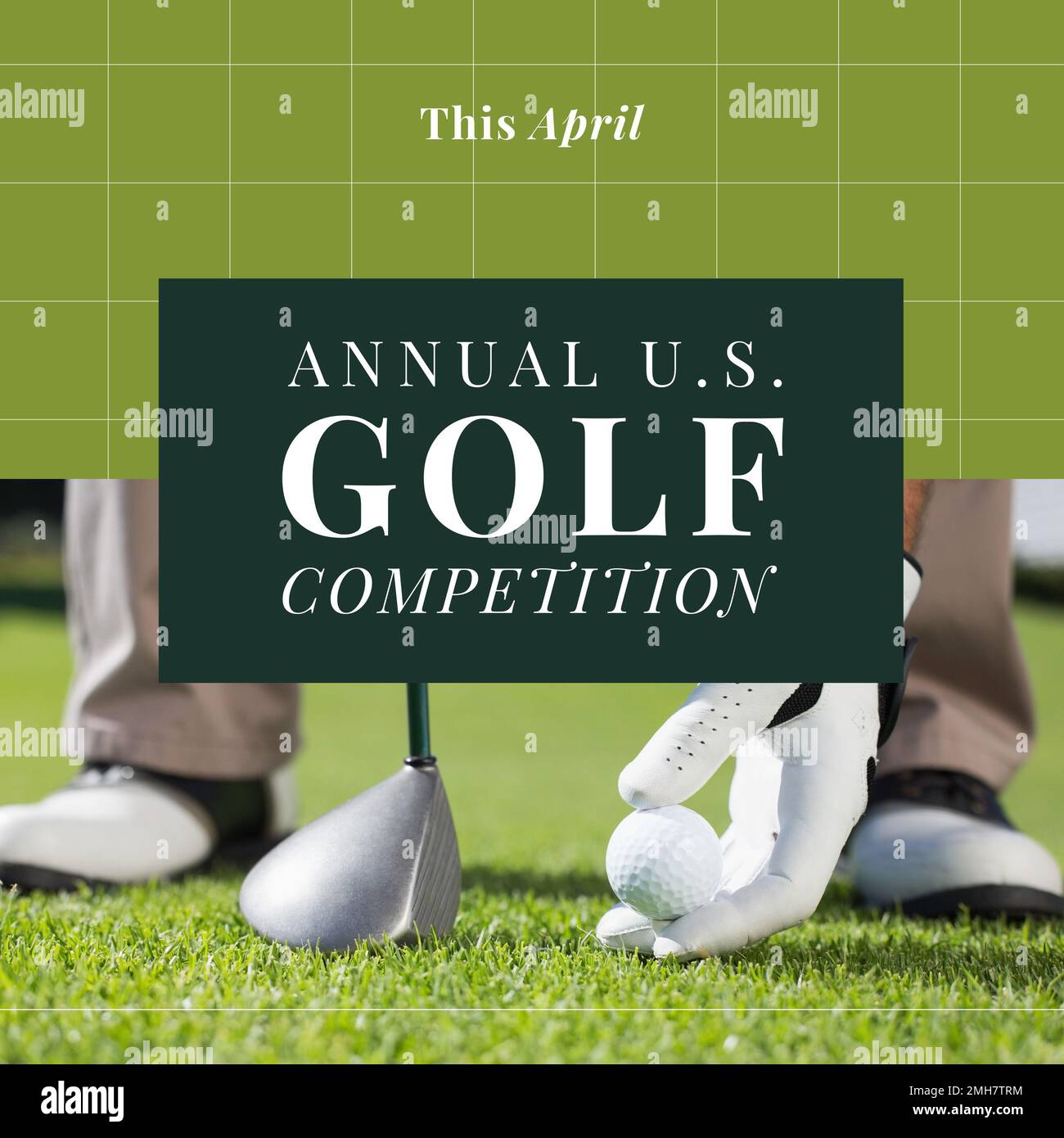 Komposition des jährlichen US-Golfwettbewerbs Text über Golfspieler auf grünem Hintergrund Stockfoto