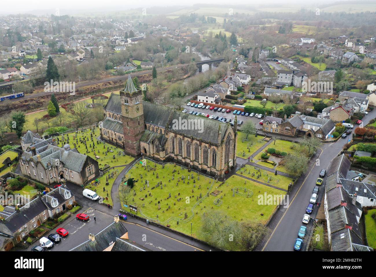 Luftaufnahme der Dunblane Cathedral Stockfoto