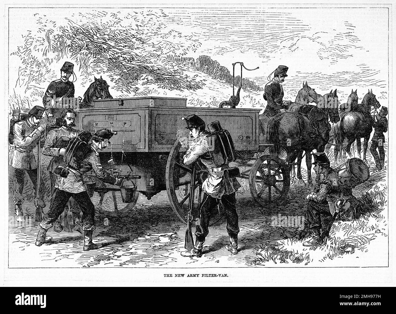 Soldaten, die den neuen Armeefilter-Van während des Franco-Preußischen Krieges 1870 benutzten. Stockfoto