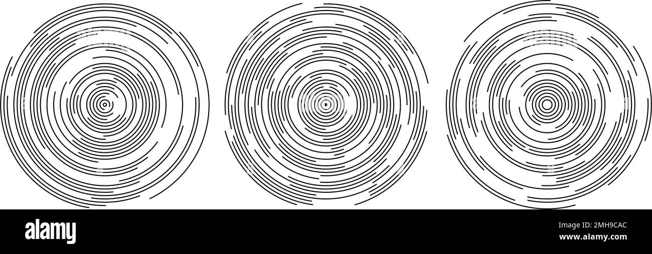Konzentrische Kreissegmente festgelegt. Abgerundeter patten-Hintergrund. Sonar- oder Schallwellen-Ringsammlung. Epicentre, Ziel, Radarsymbol-Konzept. Radial Stock Vektor