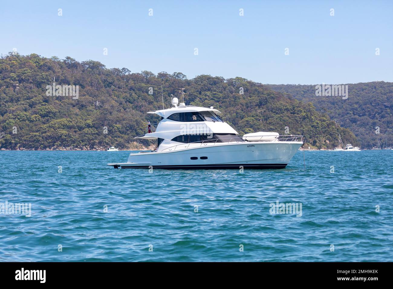 Pittwater Sydney, Australien. Große luxuriöse Motoryacht auf Pittwater, North Sydney, NSW, Australien im Sommer 2023 Stockfoto