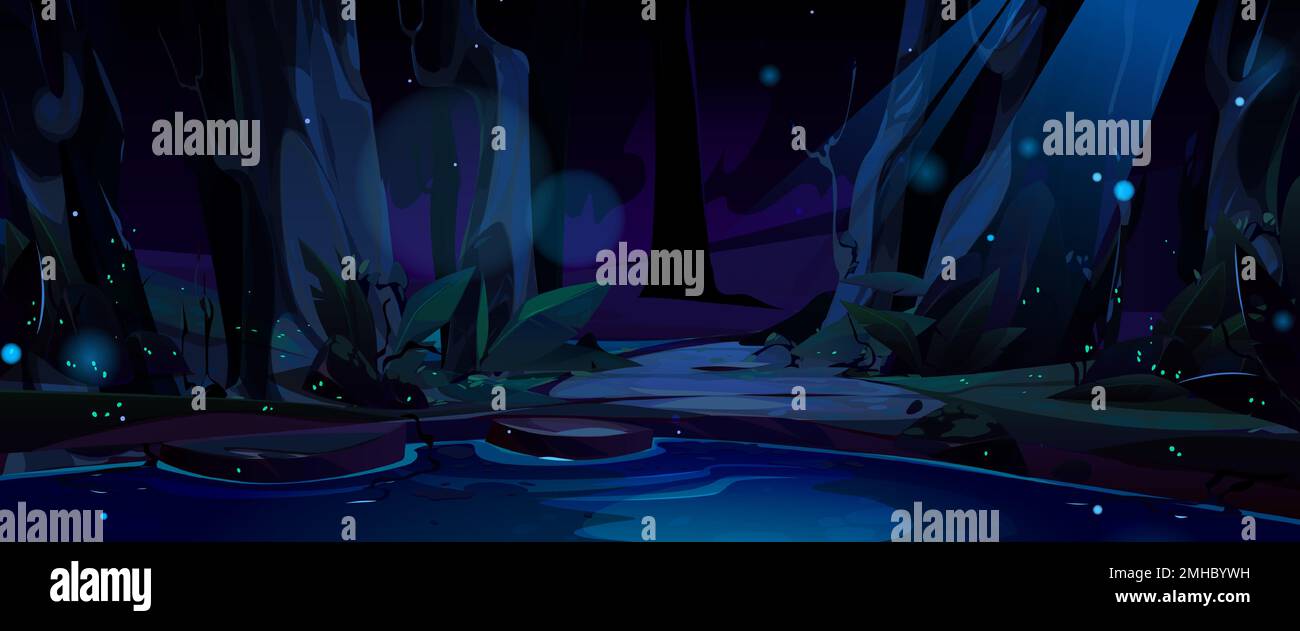 Nachtlandschaft mit See im Mammutlicht. Dunkle Naturszene mit Feldern und Bäumen, Flussufer oder Teichküste mit Steinen, fliegende Glühwürmchen, Vektormagie-Cartoon-Illustration Stock Vektor