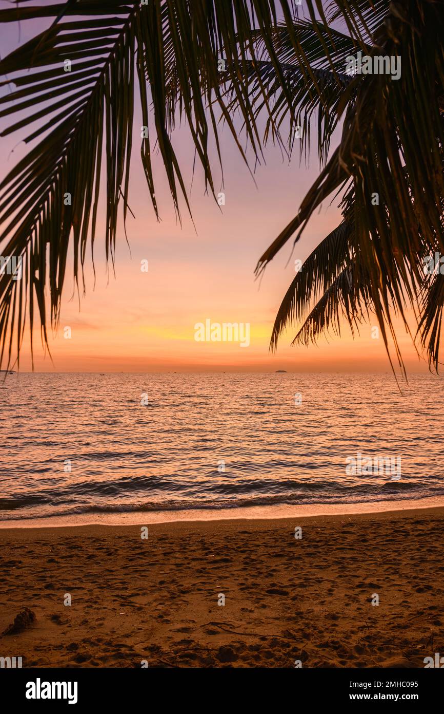 Sonnenuntergang am Strand von Pattaya Thailand am Abend mit Palmen Stockfoto