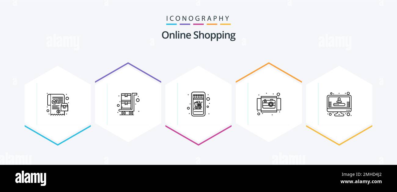 Online-Shopping 25 Line Symbolpaket mit Profil. Anzeigen. Mobiles Einkaufen. Produkt. Kreis Stock Vektor