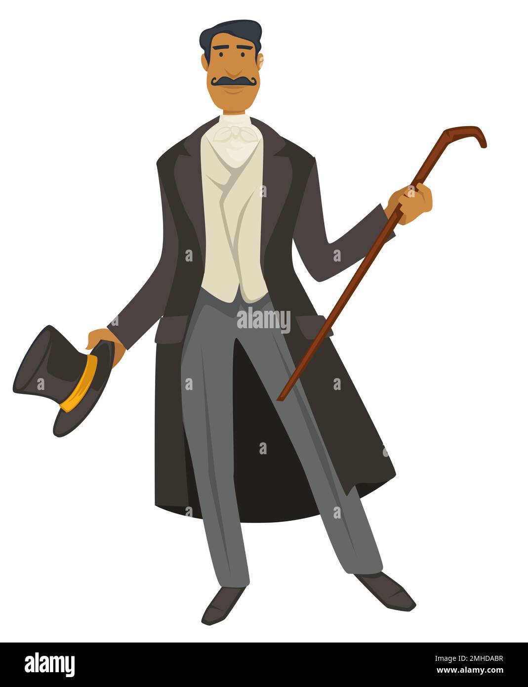 Gentleman mit Zylinder und Stock, 1900er-Mode, isolierter Charakter Stock Vektor
