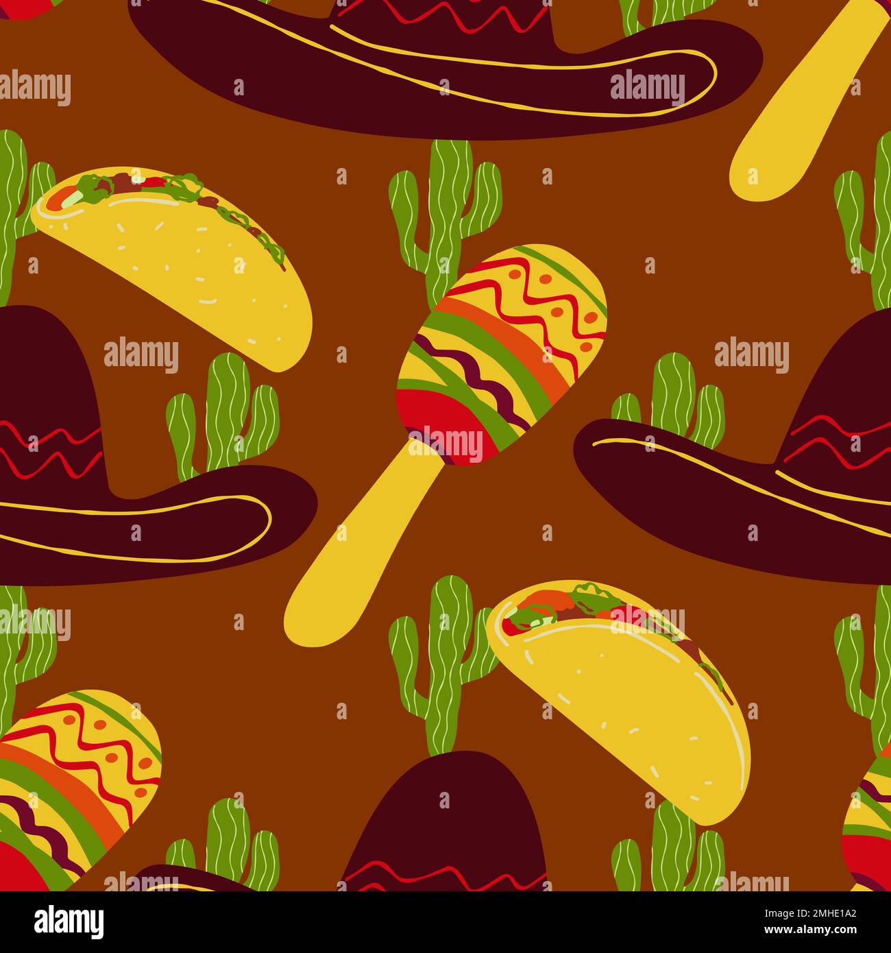 Nahtloses Muster mit traditionellem mexikanischem Symbol, Sombrero-Hut, Tacos, Kakteen, Maracas-Illustration auf braunem Hintergrund Stock Vektor