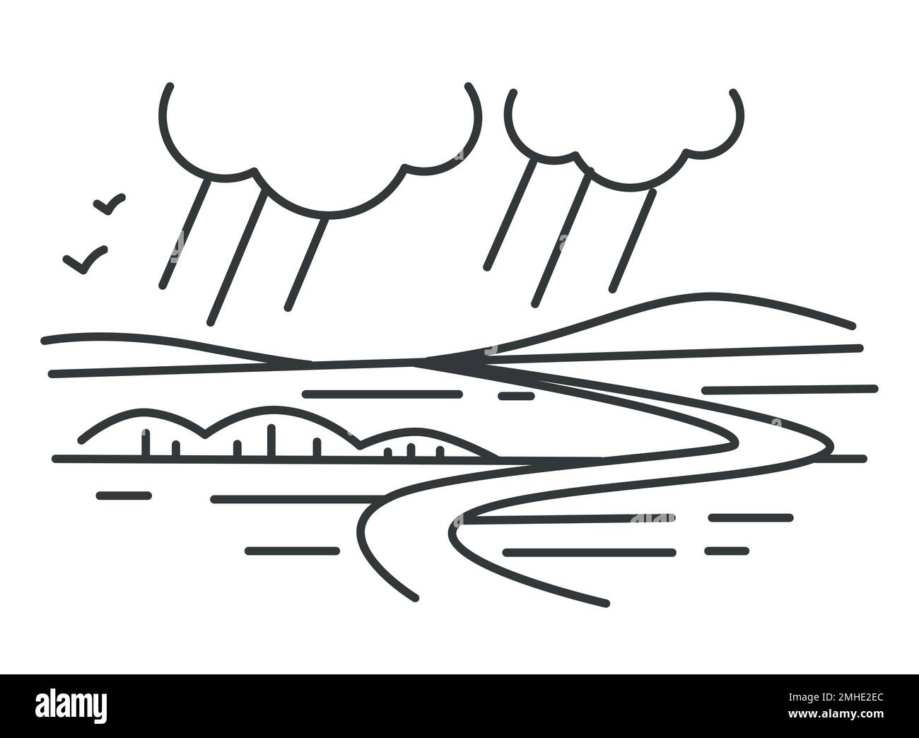 Regen und Landschaft, Berge und Hügel, Skizze des Tals Stock Vektor