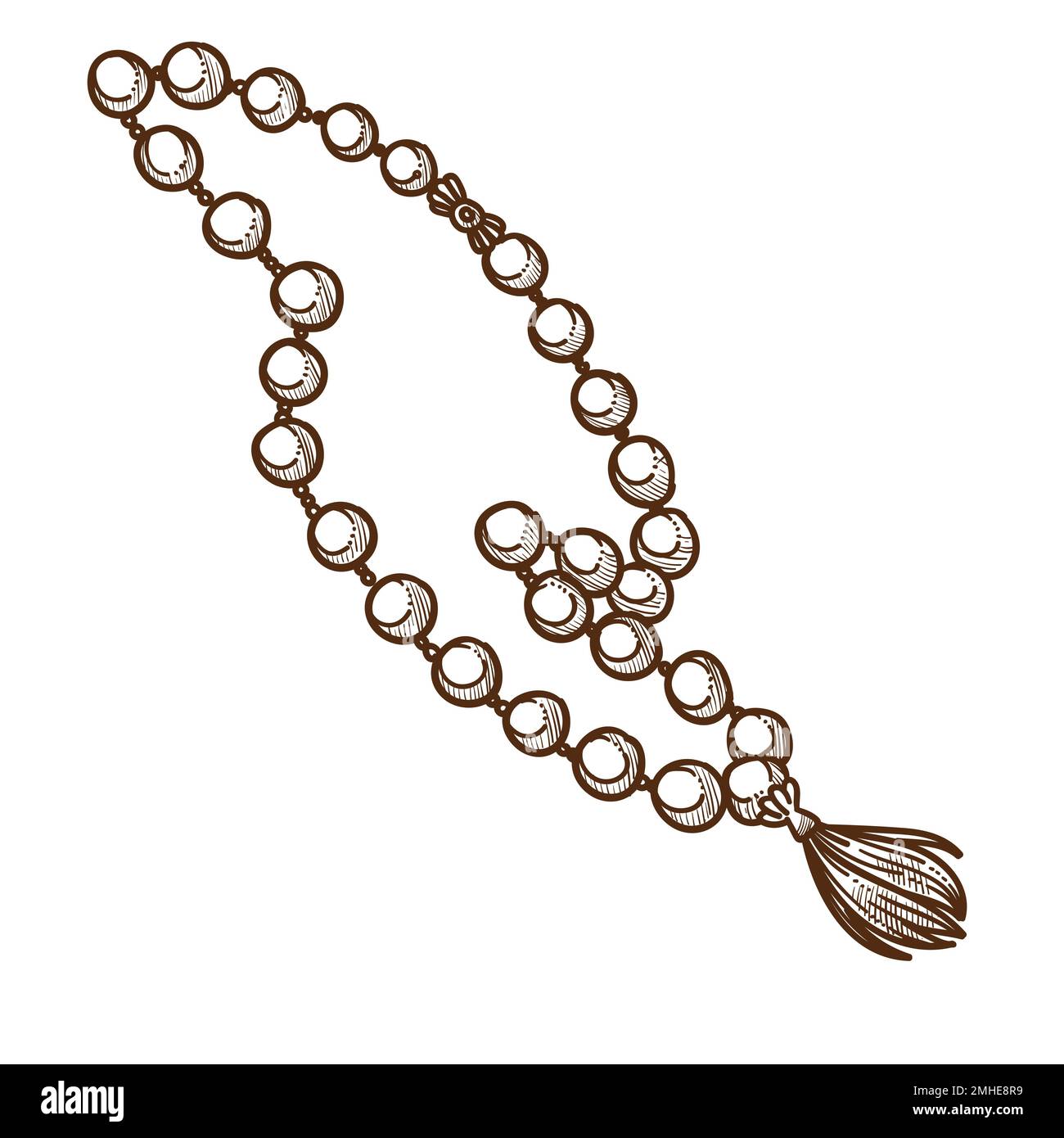 Perlen mit Quaste oder Rosenkranz, Vintage-Zubehör, isolierte Skizze Stock Vektor