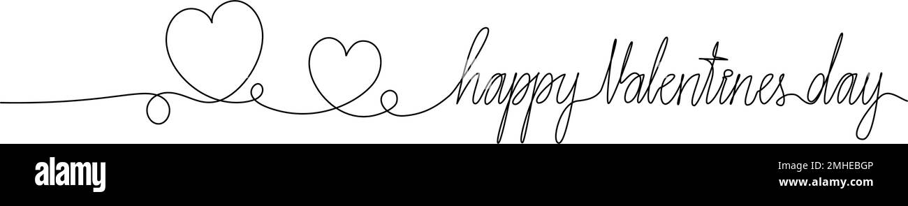 Fortlaufendes einzeiliges Zeichnen von Wörtern „HAPPY VALENTINES DAY“ und Herzformen, Strichgrafiken-Vektorgrafik Stock Vektor