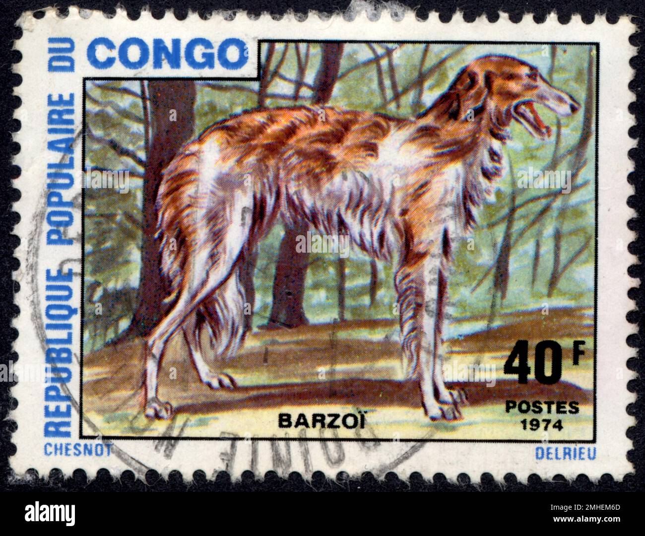 TIMBRE OBLITERES BARZOI. RÉPUBLIQUE POPULAIRE DU CONGO. 40 F. POSTES. 1974 Stockfoto