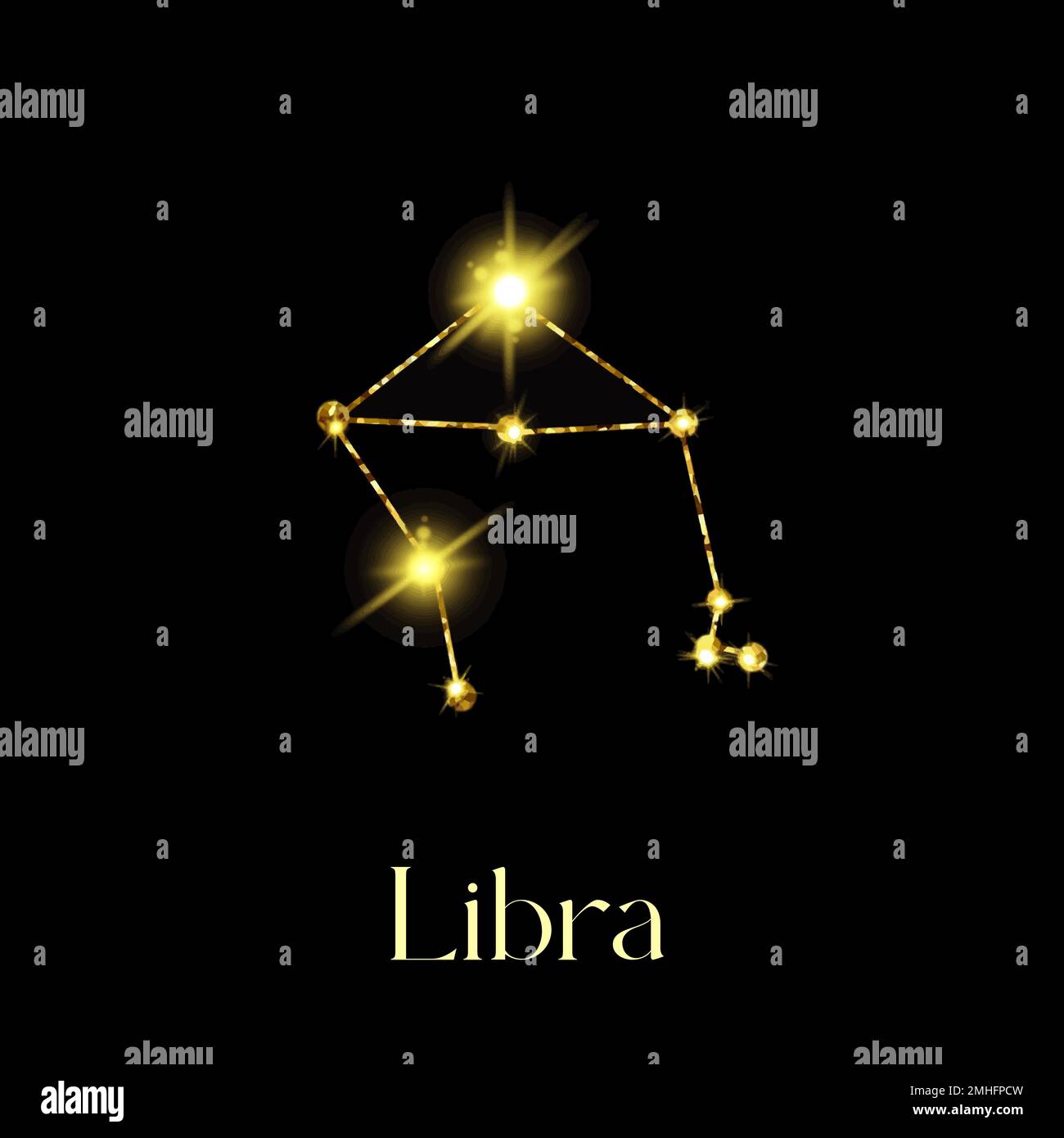 Horoskop-Libra-Konstellationen des Zodiakzeichens aus einer goldenen Textur auf schwarzem Hintergrund Stock Vektor