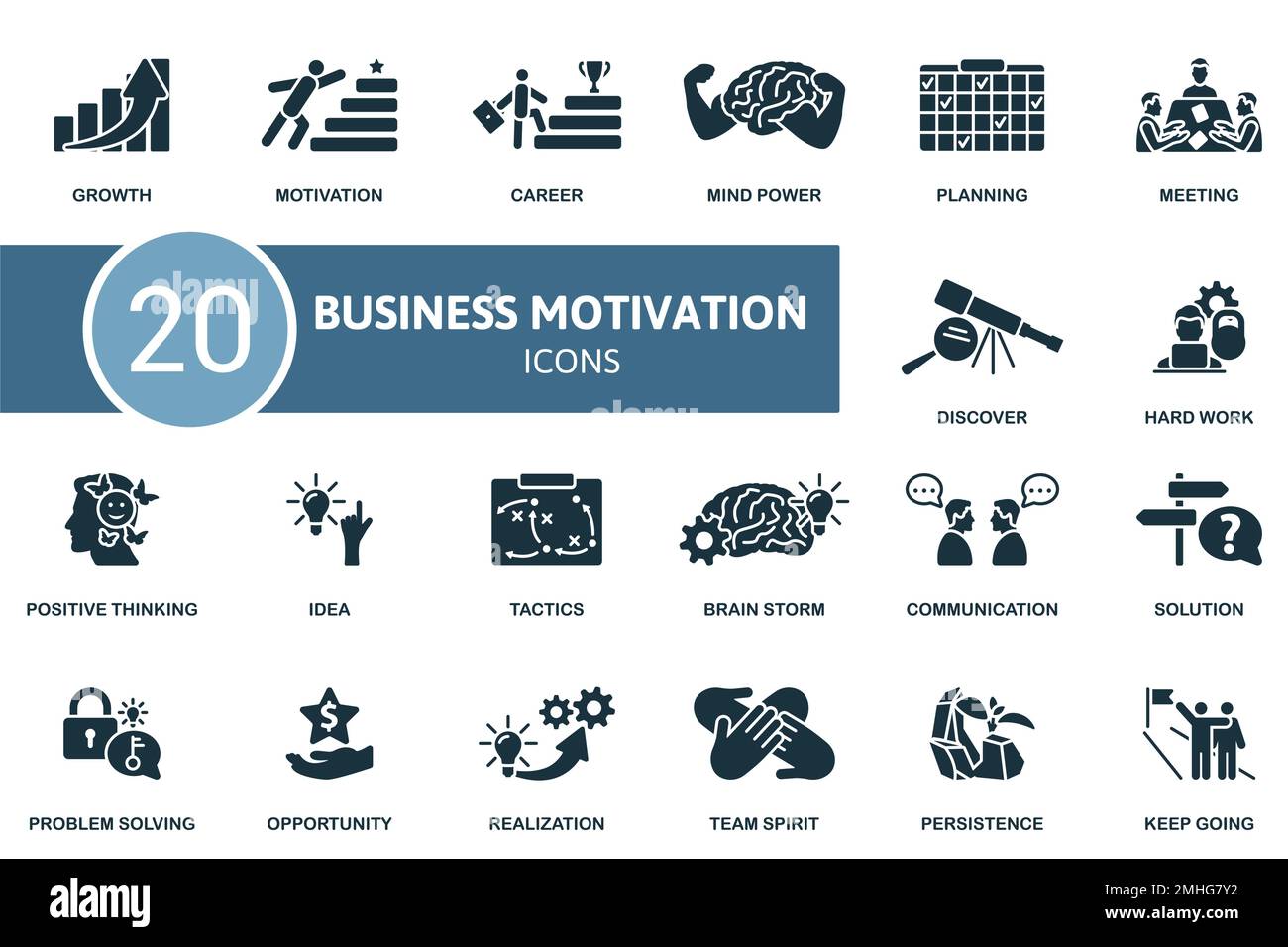 Symbolsatz für geschäftliche Motivation. Einfarbige Simple Business Motivation Icon Kollektion. Wachstum, Motivation, Karriere, Mind Power, Planung, Gelegenheit Stock Vektor