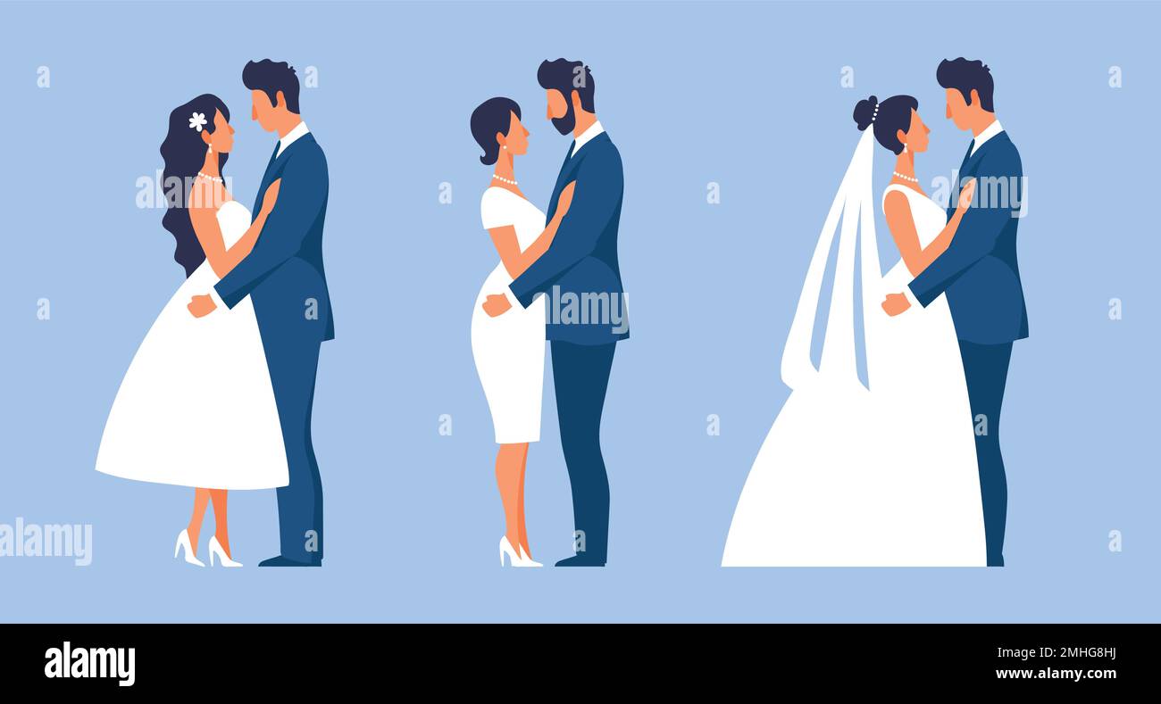 Braut und Bräutigam in verschiedenen Outfits Set aus flachen, einfachen Illustrationen für Design, frisch Vermählte, Hochzeitstag. Elegantes, liebevolles Paar, das sich umarmt Stock Vektor