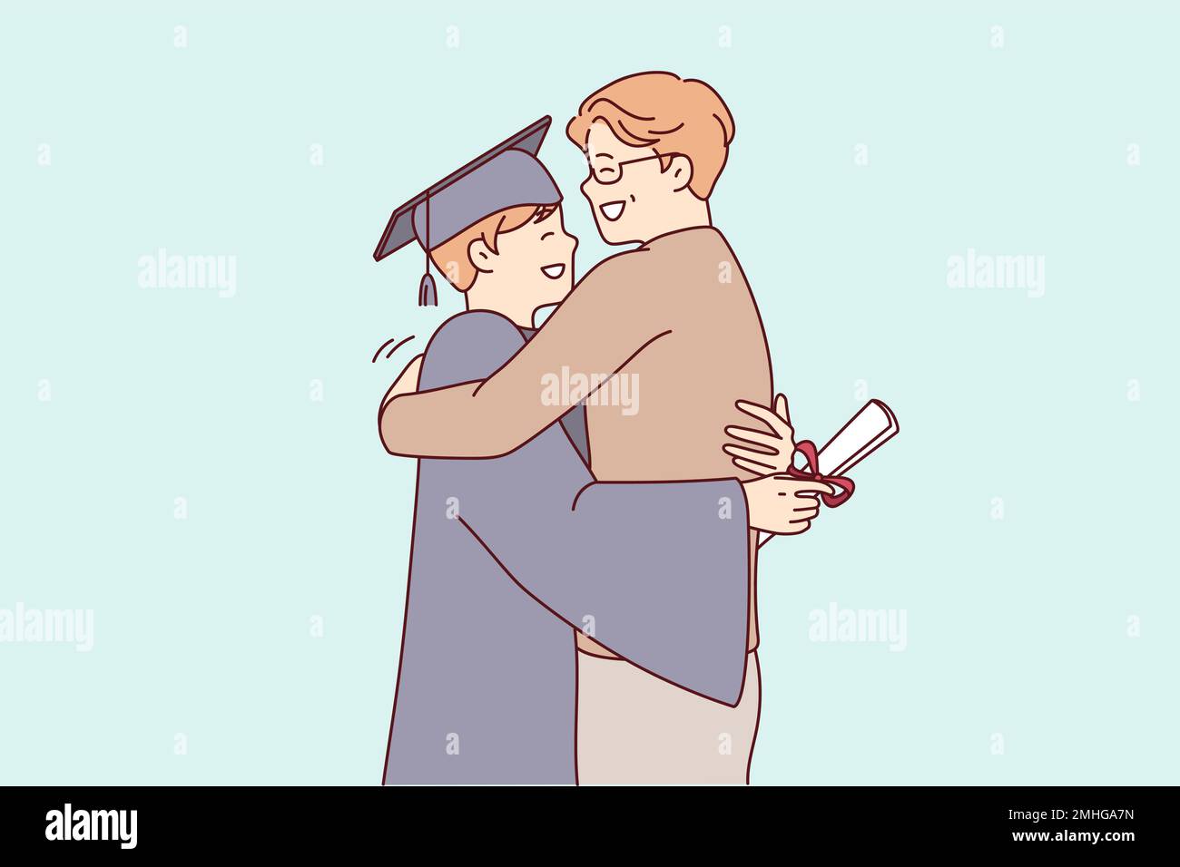 Ein junger Mann, der an der Universität studiert hat, umarmt den Vater, nachdem er ein Hochschuldiplom erhalten hat. Stolzer Mann mit Sohn während der Zeremonie zum Ende des Collegejahres. Abbildung eines flachen Vektors Stock Vektor