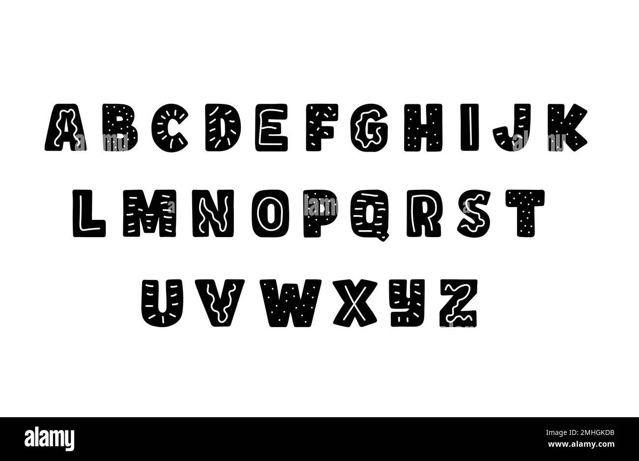 ABC Doodle Alphabet schwarz-weiß. Anonymes Papier ausgeschnittene Clip-Art-Briefe. Stock Vektor