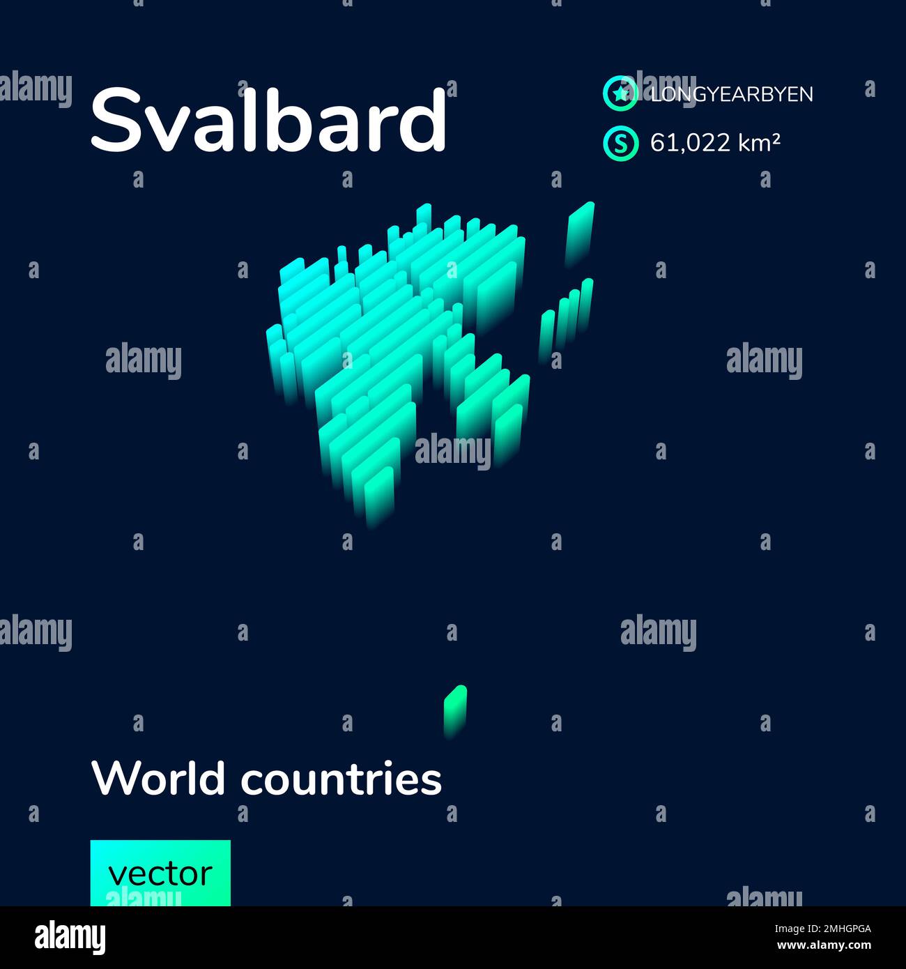 Stilisierte, gestreifte, neonisometrische Vektorkarte von Svalbard mit 3D-Effekt. Karte von Svalbard Stock Vektor