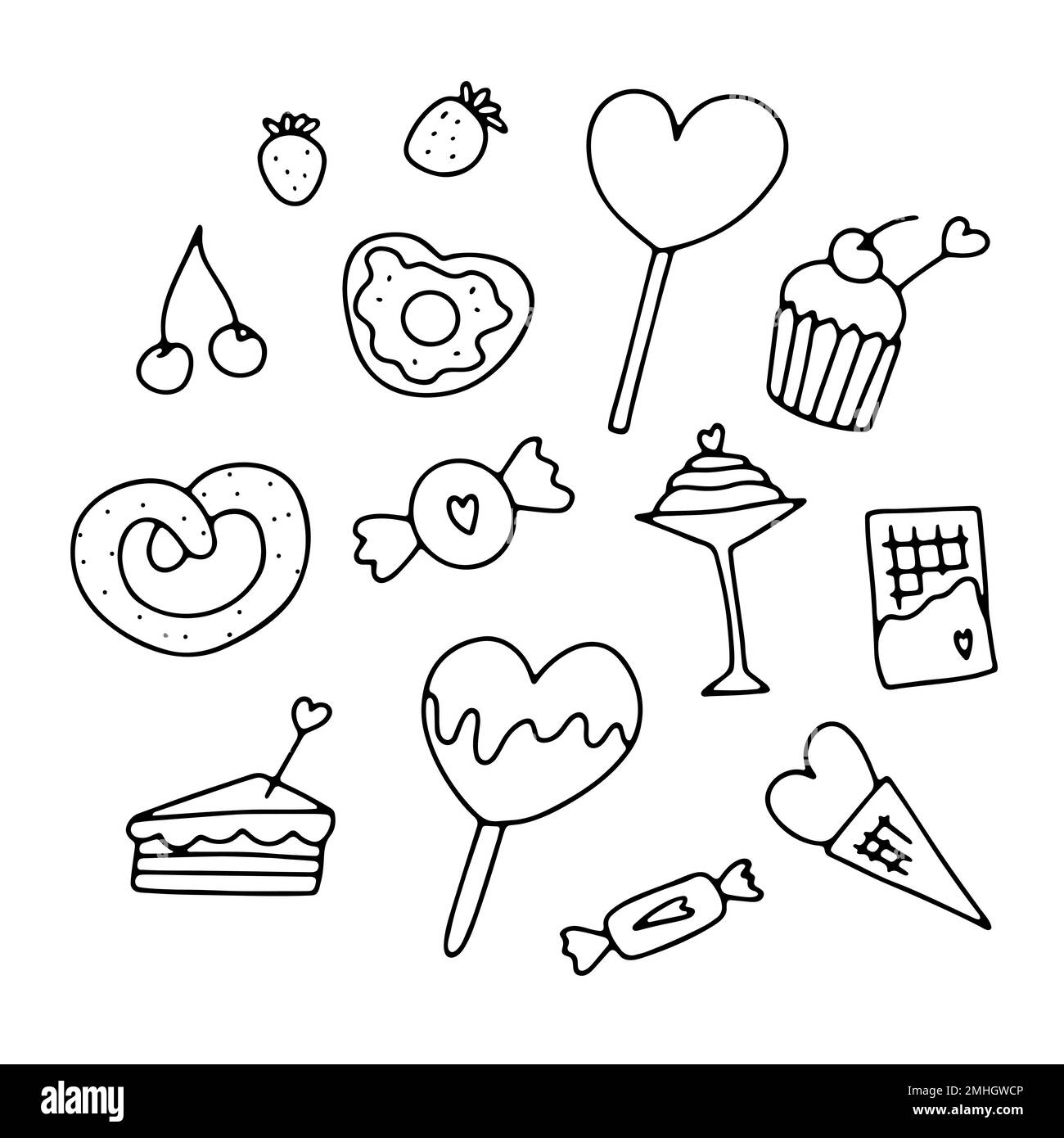 Doodle Valentinstag Süßigkeiten Set. Handgezeichnete Desserts mit süßen Herzen. Eine Übersicht über festliche Süßigkeiten, Kuchen, Getränke, Beeren, Eiscreme, Donut, Schokolade. Lol Stock Vektor