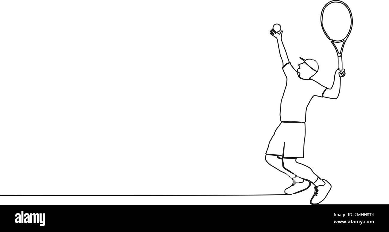 Fortlaufendes einzeiliges Zeichnen eines Tennisspielers während des Service, Strichgrafiken-Vektordarstellung Stock Vektor