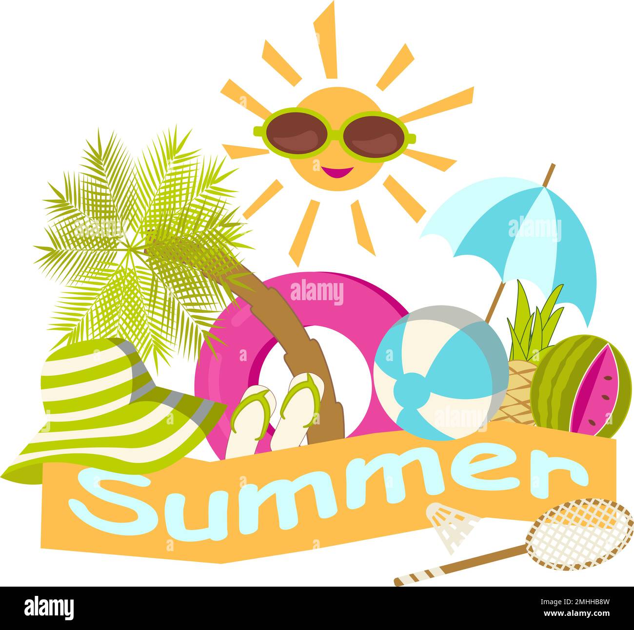 Isolierte, transparente Sommerkompositionen mit Strandzubehör und Sonneneinstrahlung In einem flachen Cartoon-Stil Stock Vektor