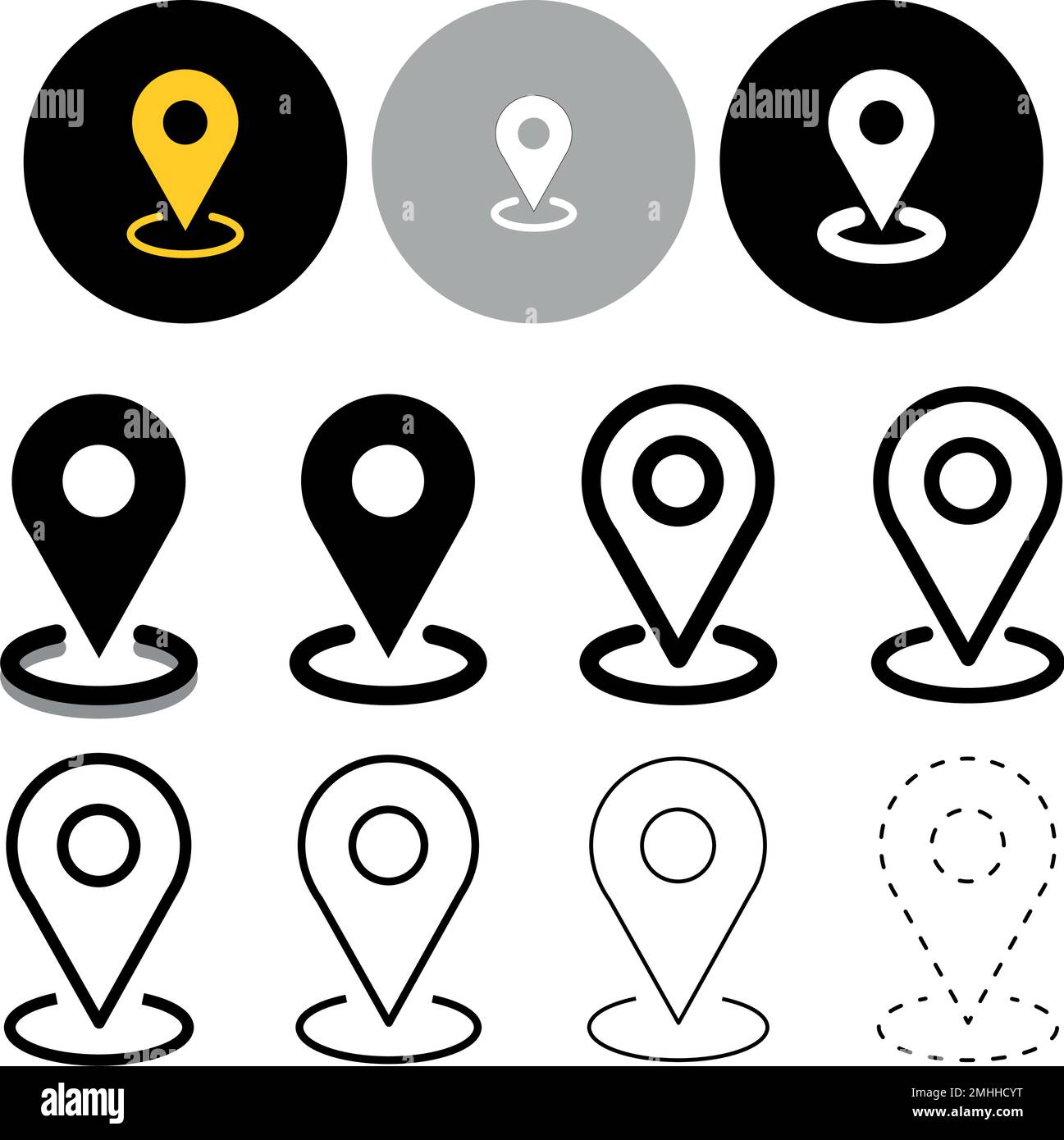 Kartensymbol, Vektor des Positionszeichens, Zeiger auf Position, Kartensymbol mit unterschiedlichem Stil auf isoliertem weißem Hintergrund Stock Vektor