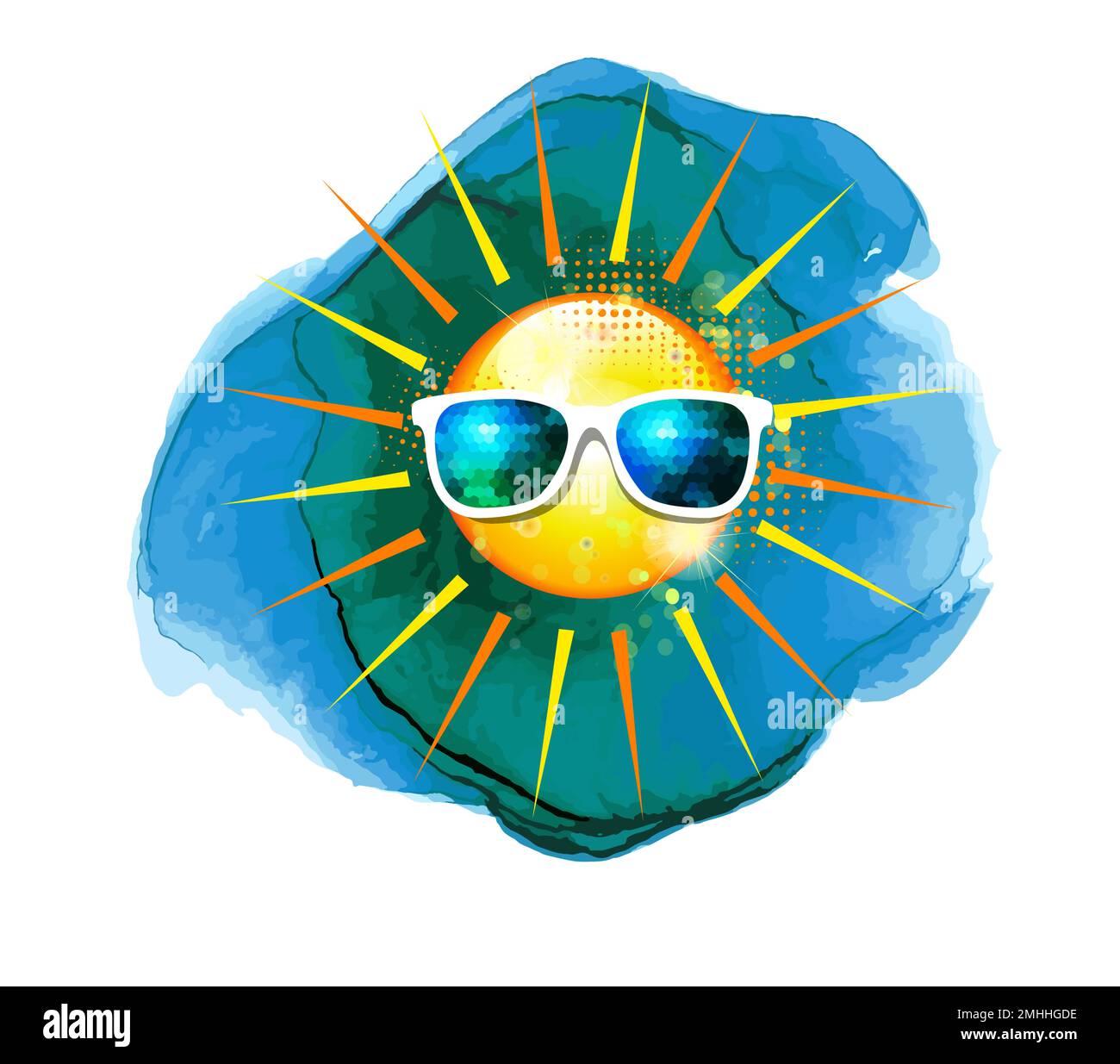 Ich liebe den Sommer. Hallo Sommer. Sonne in Brille. Sonne und Himmel in Aquarellfarben. Vektordarstellung Stock Vektor