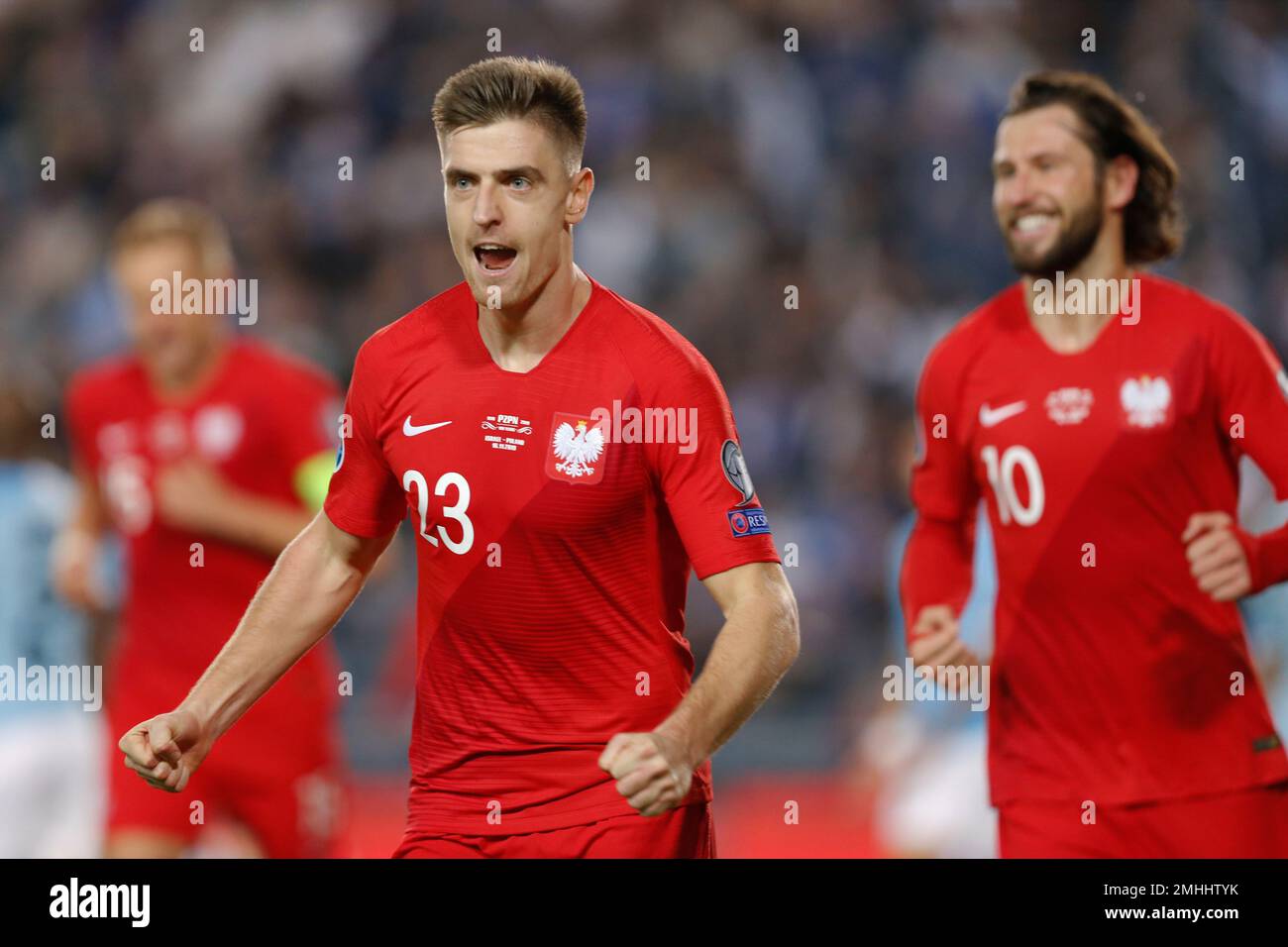 Poland's Krzysztof Piatek celebrates after scoring his team's second goal during the Euro 2020 group G qualifying soccer match between Israel and Poland in Jerusalem, Saturday, Nov. 16, 2019. (AP Photo/Ariel Schalit) Stockfoto