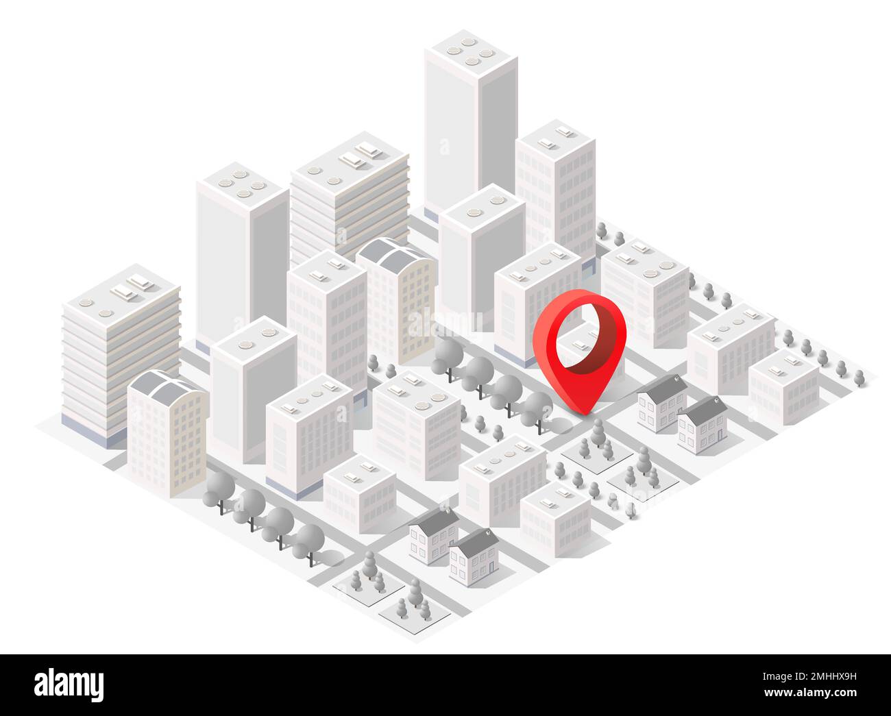 Eine isometrische Ansicht des Stadtblocks mit Häusern, Straßen und Bäumen. Eine 3D-Abbildung. Designelemente der Stadtlandschaft. Eine Vektordesign-Grafik. Stock Vektor
