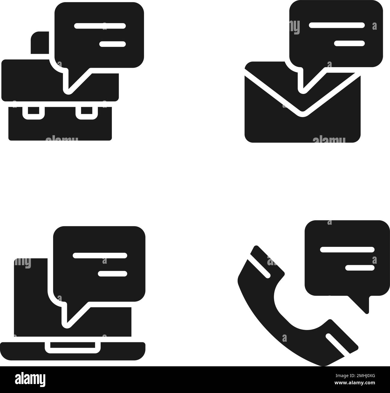 Chatballons in schwarzen Glyphen für die Unternehmenskommunikation, die auf weißen Flächen gesetzt sind Stock Vektor