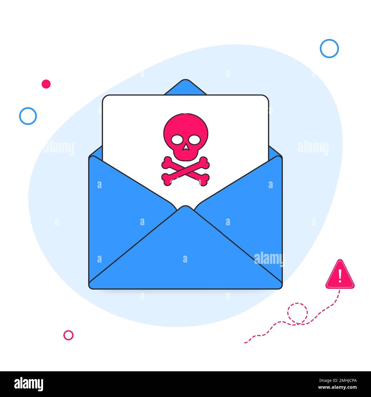 Umschlag mit Dokument und Schädel-Symbol. Viren, Malware, E-Mail-Betrug, E-Mail-Spam, Phishing-Betrug, Hacker-Angriffskonzept. Flache Vektordarstellung Stock Vektor