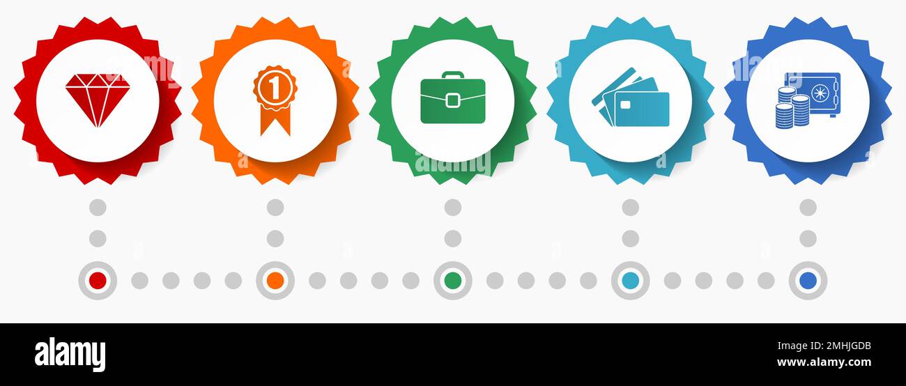 Einkaufsvektorsymbole, Webabzeichen im Trade Flat Design, Infografiken für Unternehmen Stock Vektor