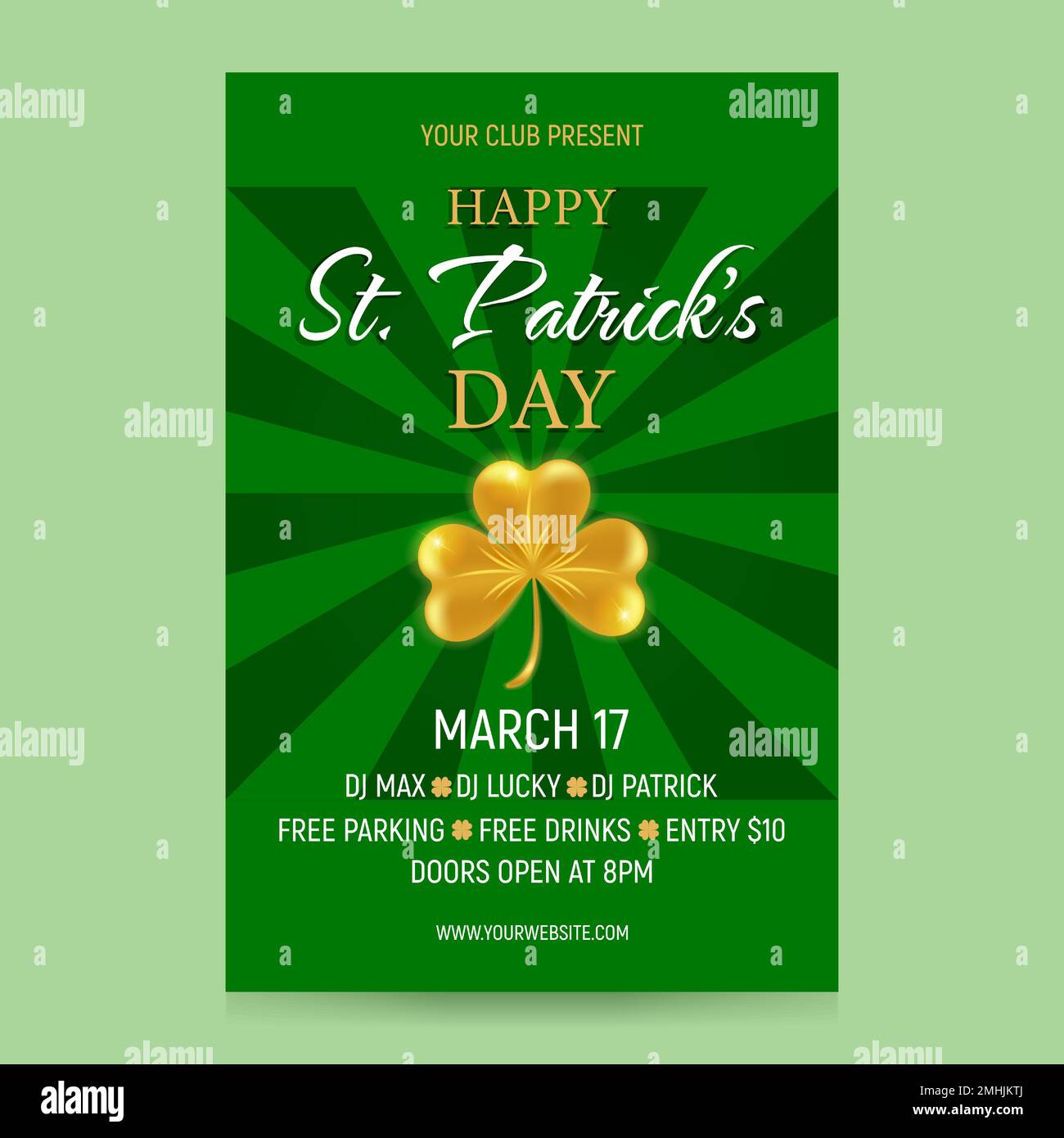 St. Einladung zum Patricks Day. Happy St. Flyer zur Feier des Patricks Day mit goldenem Shamrock auf grünem Hintergrund. Vektordarstellung. Stock Vektor