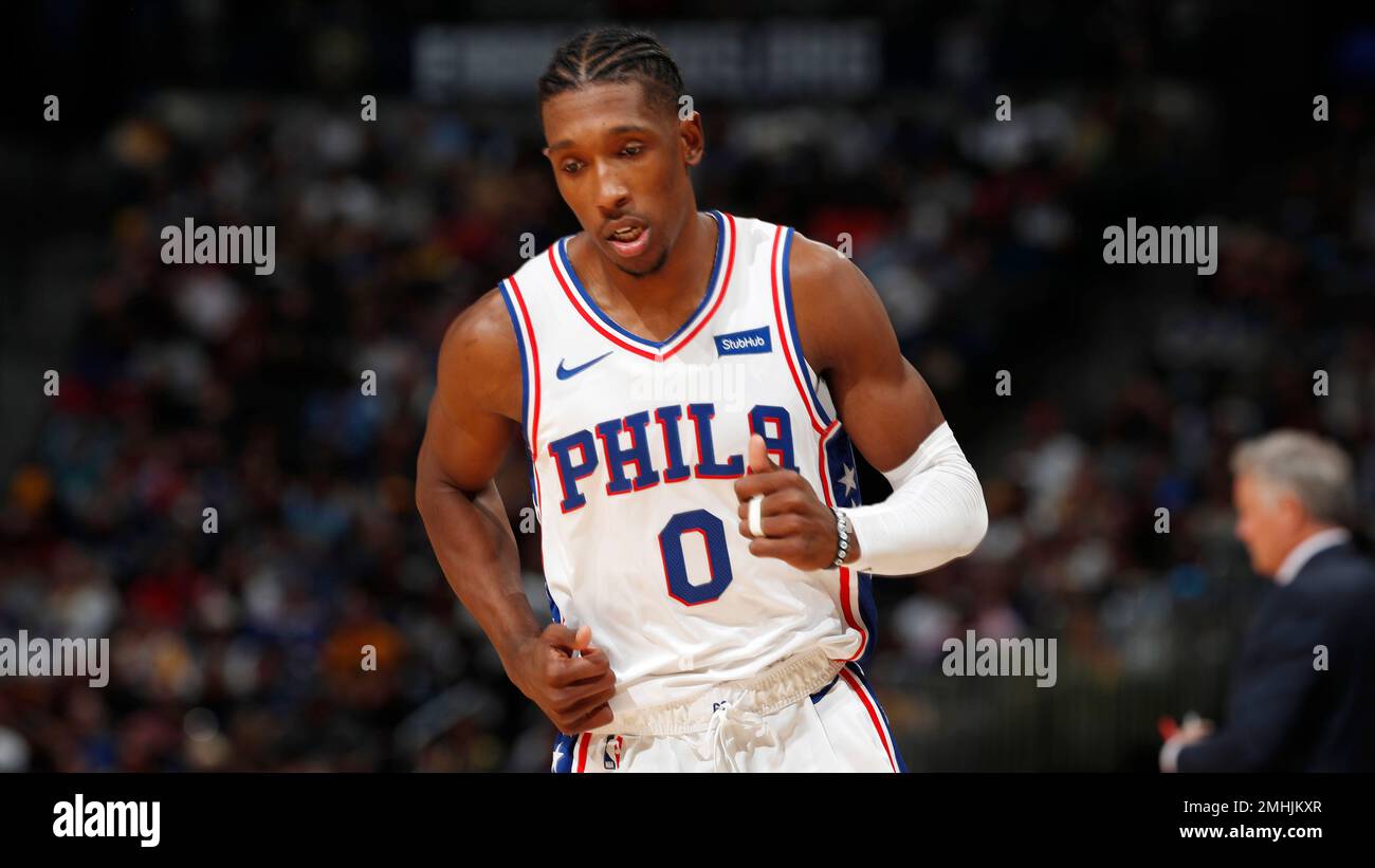 Philadelphia 76ers guard Josh Richardson (0) in the second half of an NBA basketball game Friday, Nov. 8, 2019, in Denver. The Nuggets won 100-97. (AP Photo/David Zalubowski) Stockfoto
