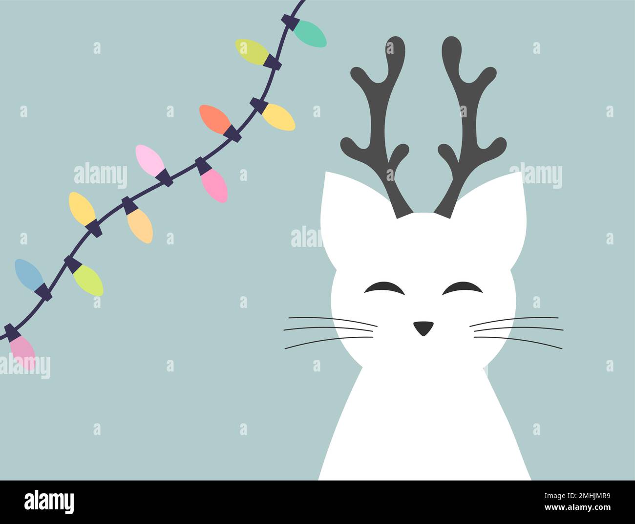 Weihnachten niedliche lustige Katze mit Rentierhörnern und Weihnachtslichtern auf blauem Hintergrund. Vektordarstellung. Stock Vektor