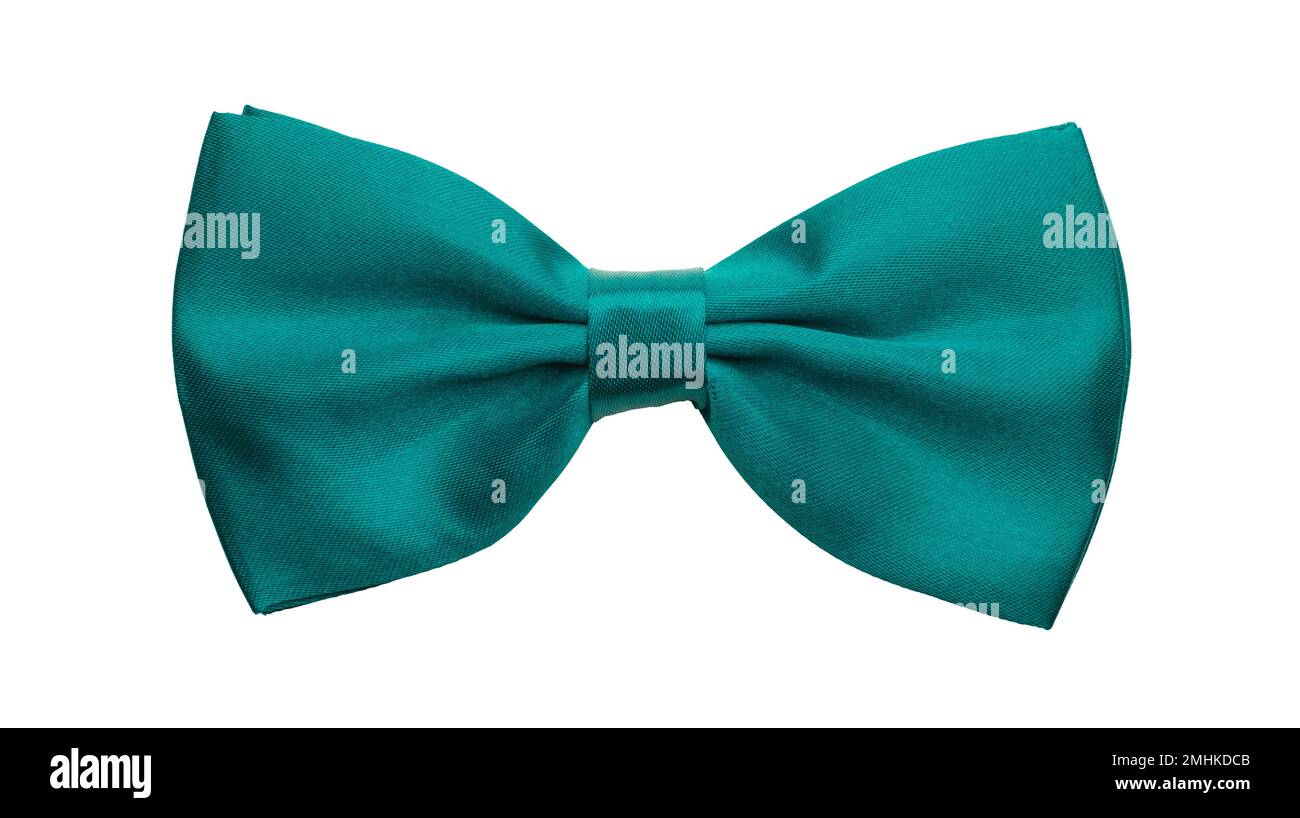 Fliege aus Satin in Grün-Türkis, formelles Accessoire zur Kleiderordnung am Halsausschnitt. Isoliert auf weißem Hintergrund Stockfoto