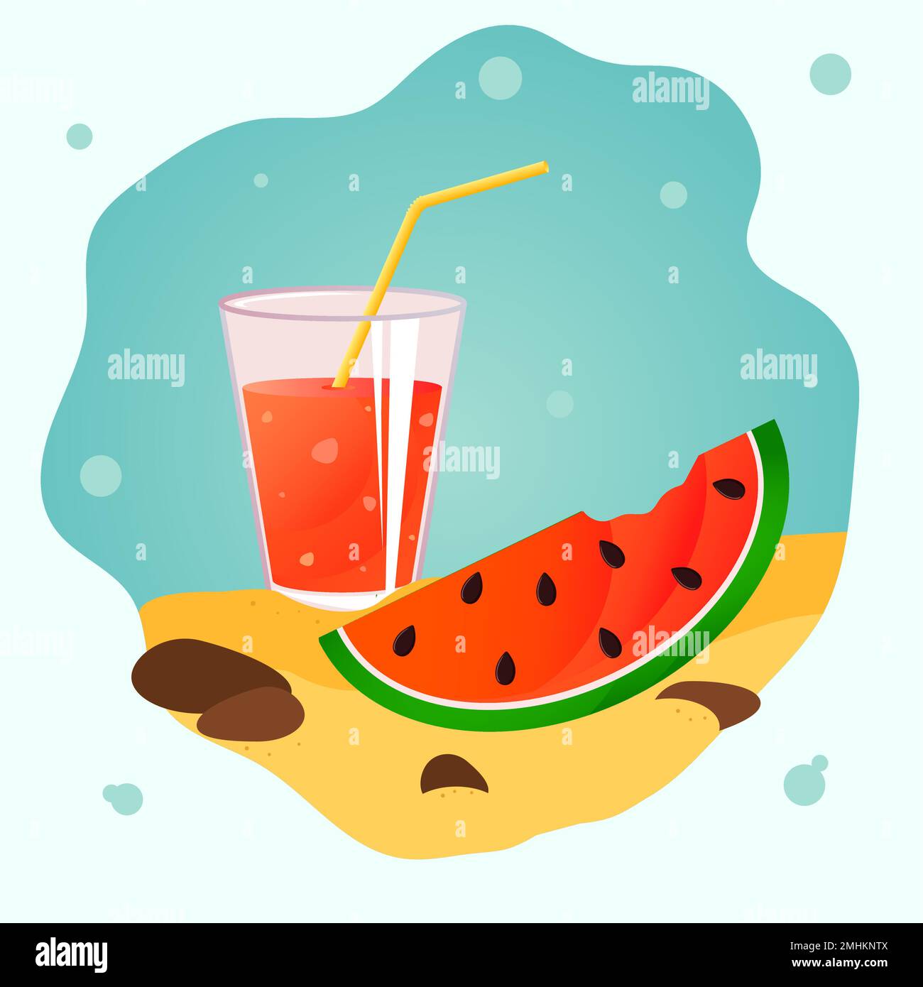 Roter Wassermelonensaft mit einem Strohhalm und ein Stück Wassermelone mit Samen auf dem Sand. Es gibt Blasen im Glas und um das Glas herum sind Steine und ein Rahmen Stock Vektor