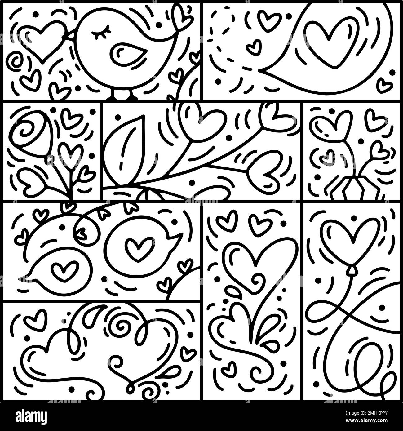 Vektor des Valentinslogo Nahtloses Muster Liebe, Lippen, Herz und Wolke. Handgezeichneter Monolin-Konstrukteur für eine romantische Grußkarte Stock Vektor