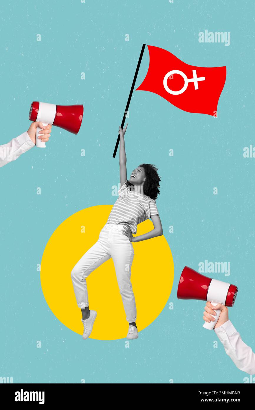 Werbevorlage Collage von jungen Frauen, die für die Rechte der Frauen kämpfen, mit Flaggen-Megafon-Werbung Stockfoto