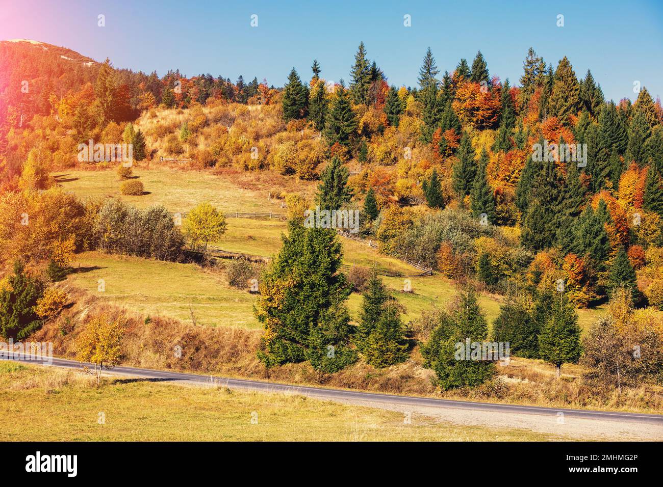 Farbenfrohe Berghänge im Herbst. Straße am Berghang Stockfoto