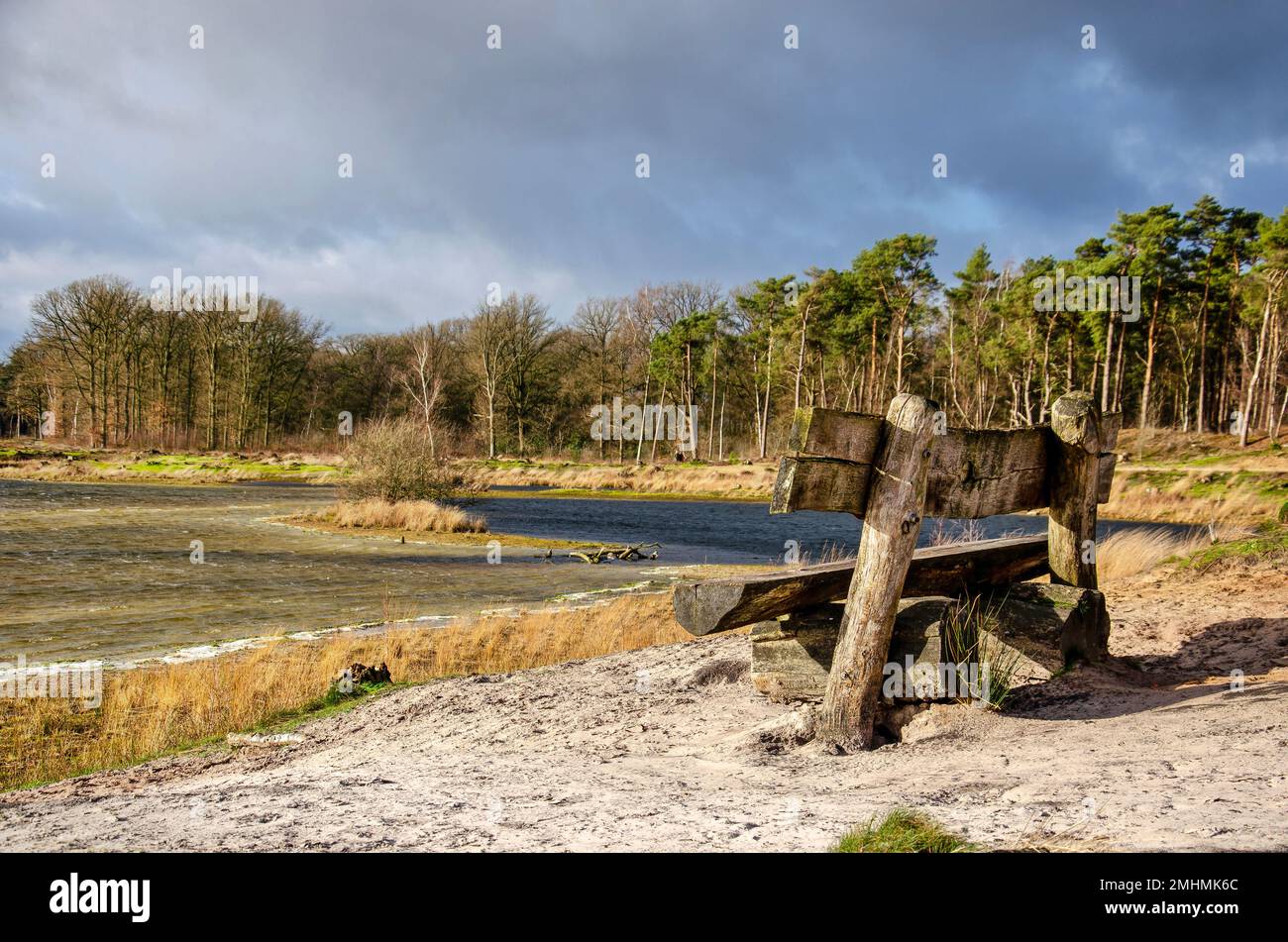 Holzbank an einem Sandstrand an einem See nahe Tilburg, Niederlande unter sonnigen, aber kalten und windigen Wetterbedingungen Stockfoto