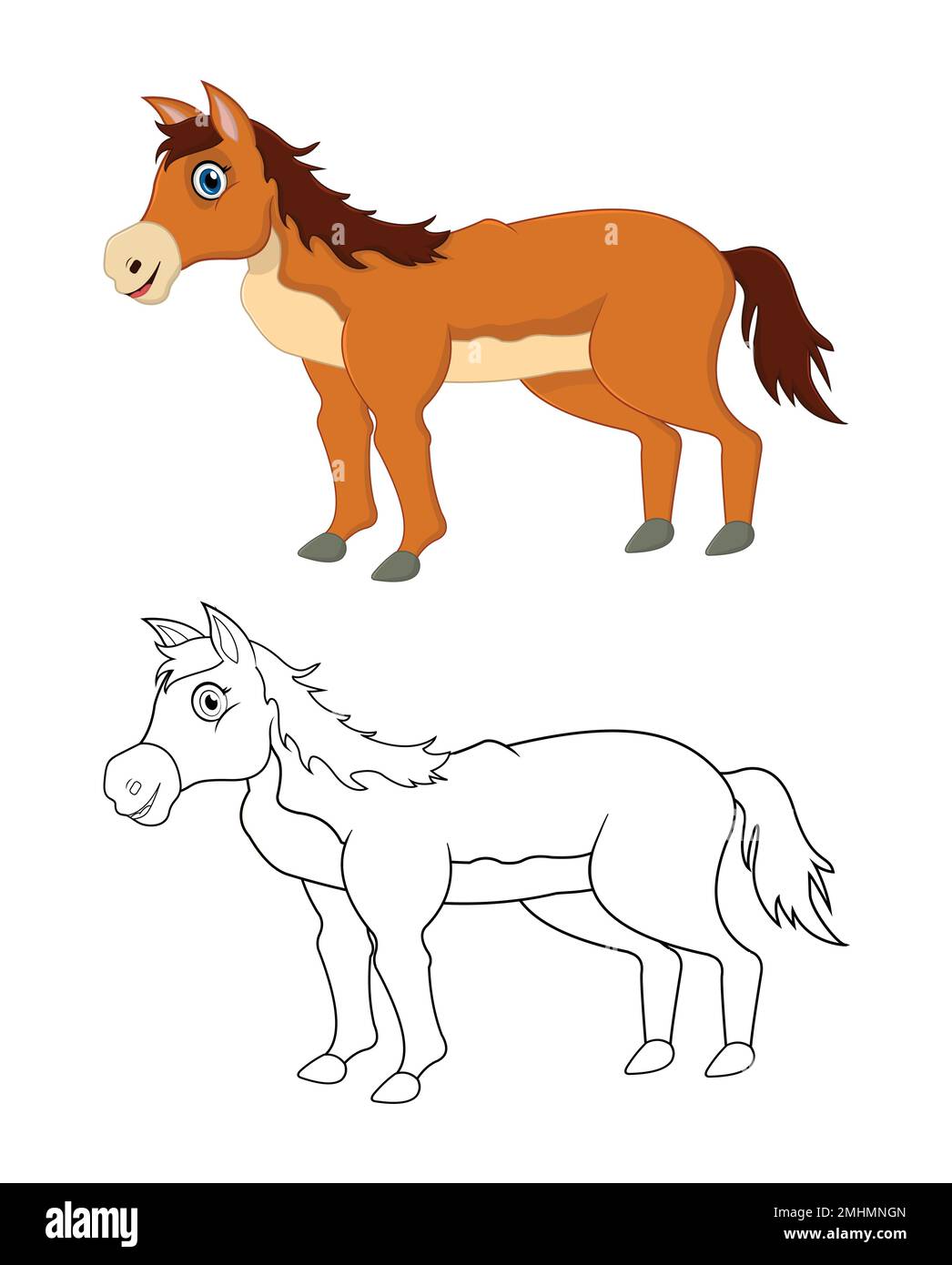 Fröhliches Cartoon-Pferd mit Strichkunst, Pferdeskizze, farblose Seite isoliert auf weißem Hintergrund. Stock Vektor
