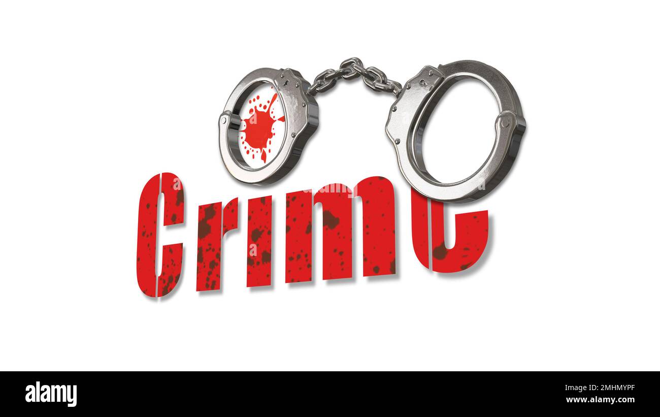 Handschellen mit Verbrechen auf weißem Hintergrund und rote Blutspritzer 3D-Abbildung Stockfoto