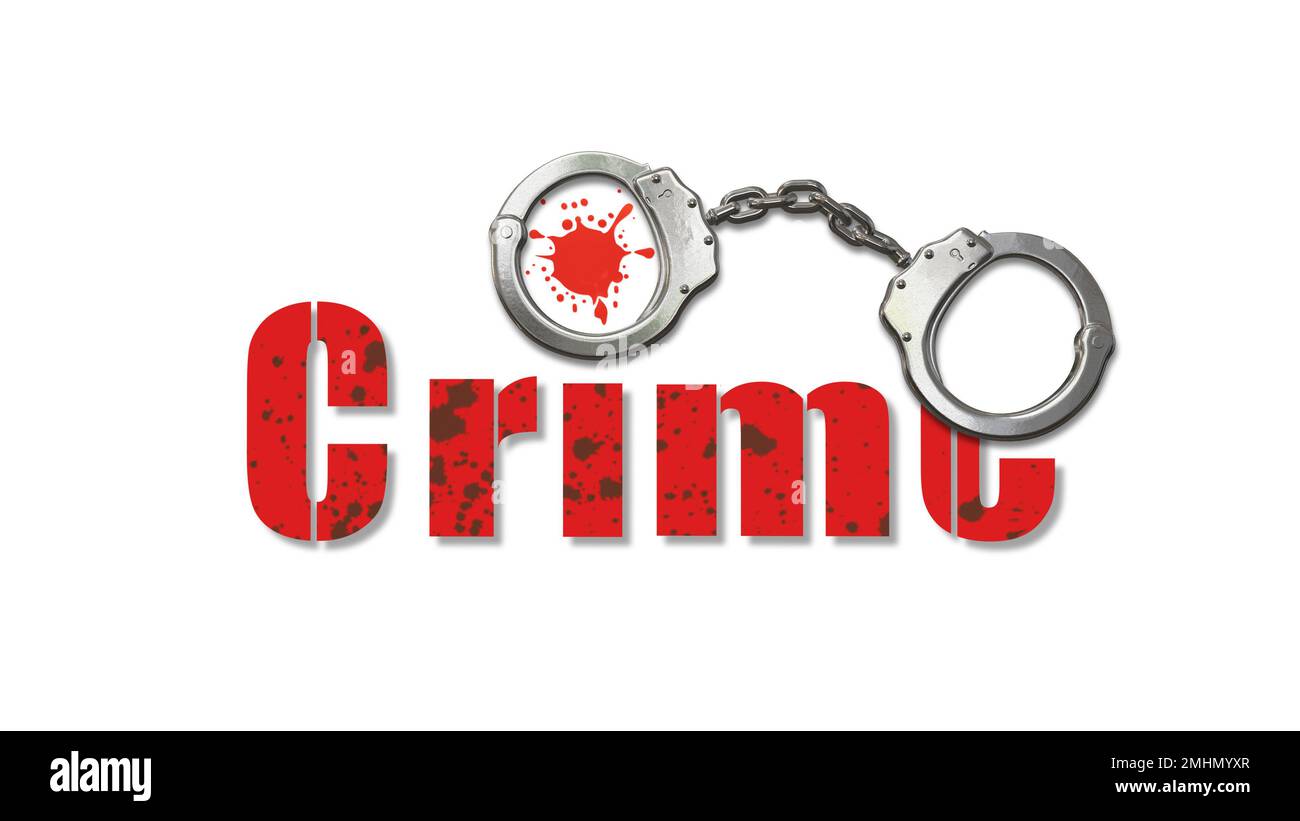 Handschellen mit Verbrechen auf weißem Hintergrund und rote Blutspritzer 3D-Abbildung Stockfoto