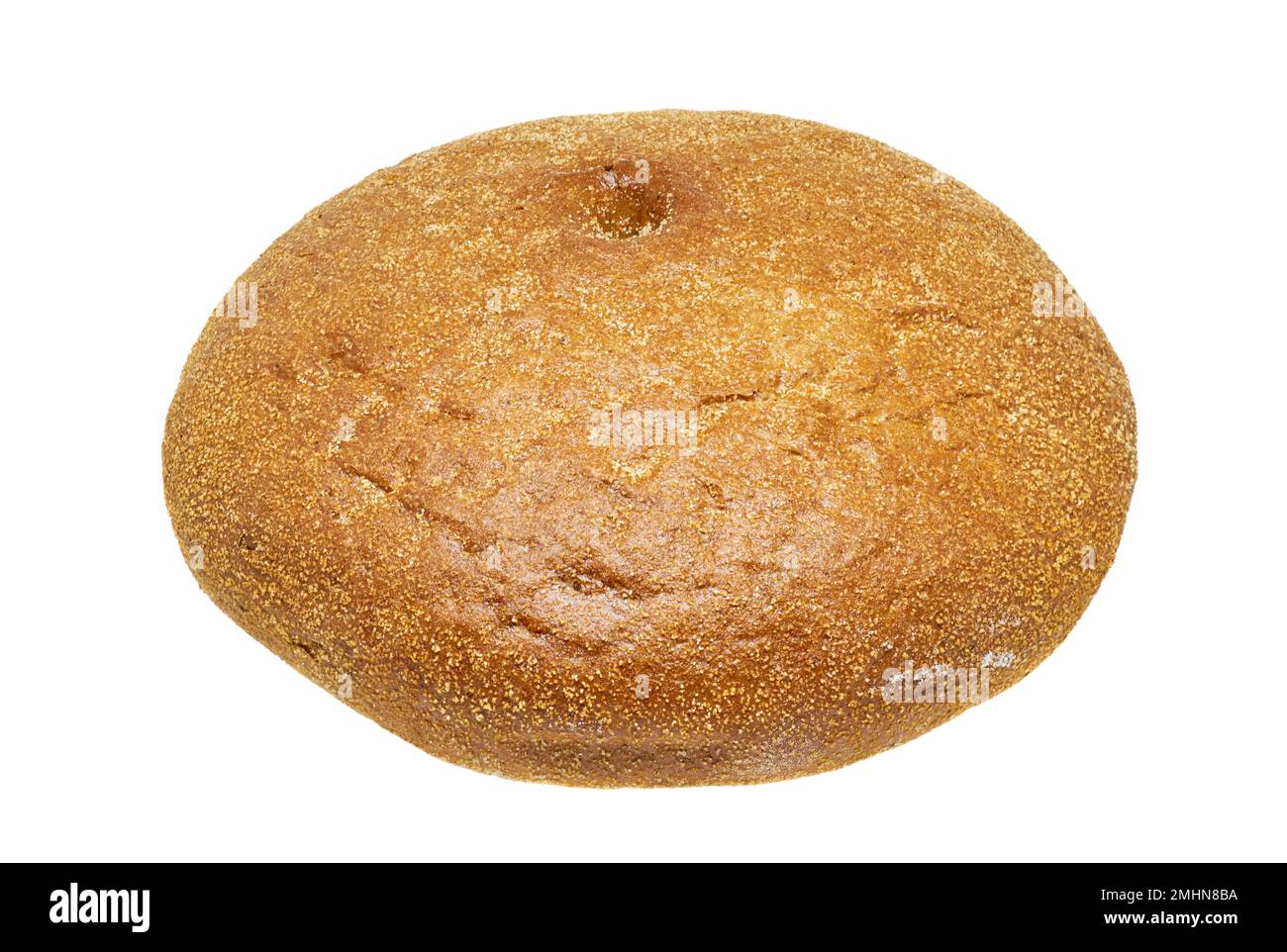 Bild eines frisch gebackenen runden Brotlaibs auf weißem Hintergrund Stockfoto
