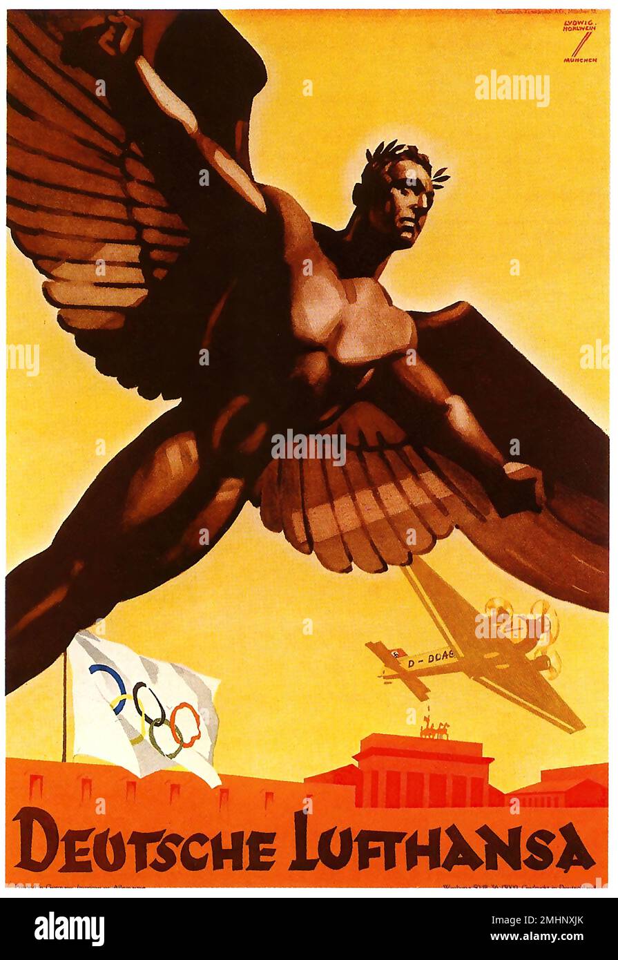 1936 Luthhansa zur Olympiade! - Ein deutsches Nazi-Propagandaposter Stockfoto