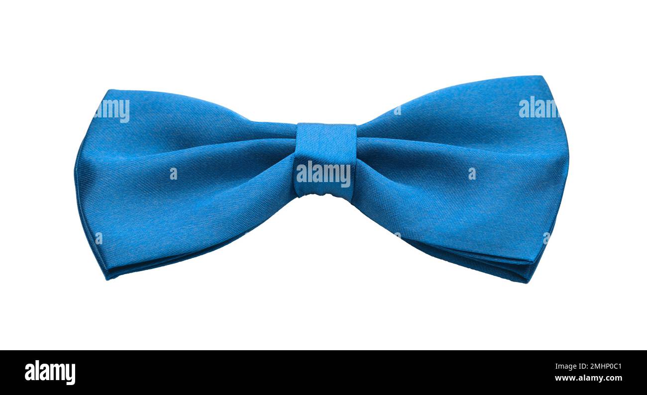 Blaue Fliege aus Satin, formelles Accessoire für die Kleiderordnung am Halsausschnitt. Isoliert auf weißem Hintergrund Stockfoto