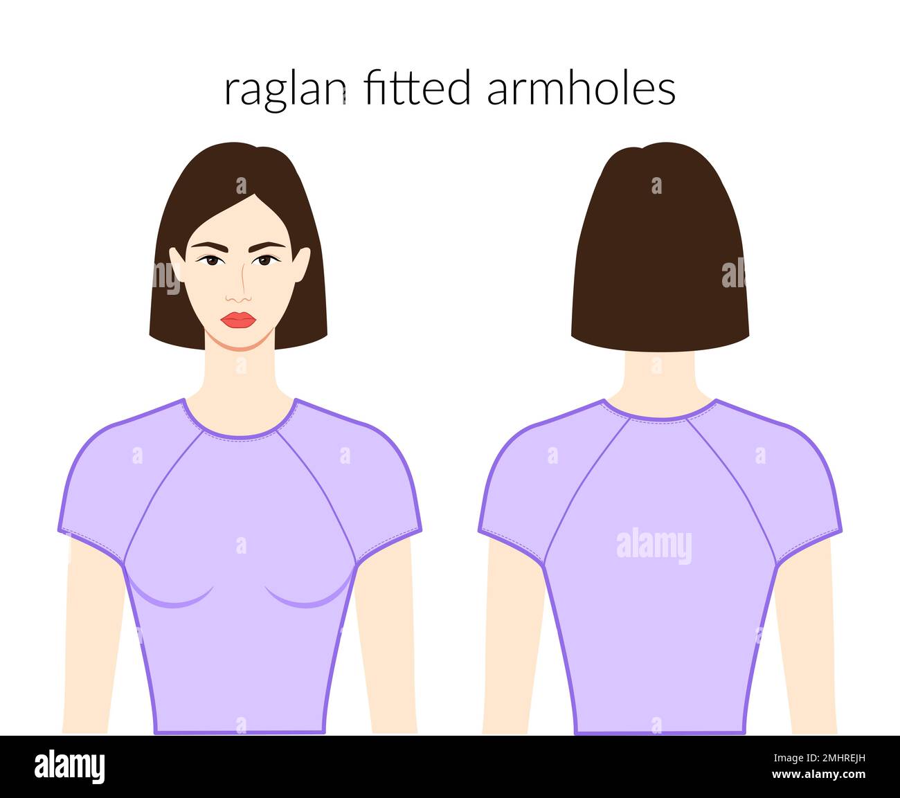 Raglan-passgenaue Armlöcher Ärmel Kleidung - Kleider, Oberteile, Shirts technische Modezeichnung mit passgenauem Body. Flache Bekleidungsvorlage vorne, Rückseite. Frauen, Männer, Unisex-CAD-Modell Stock Vektor