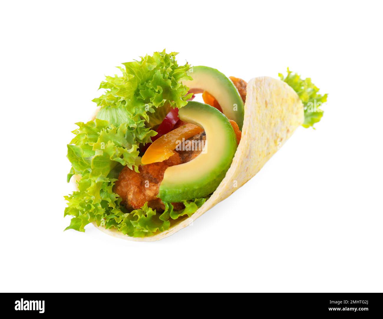 Köstlicher Fisch-Taco mit Avocado isoliert auf Weiß Stockfoto