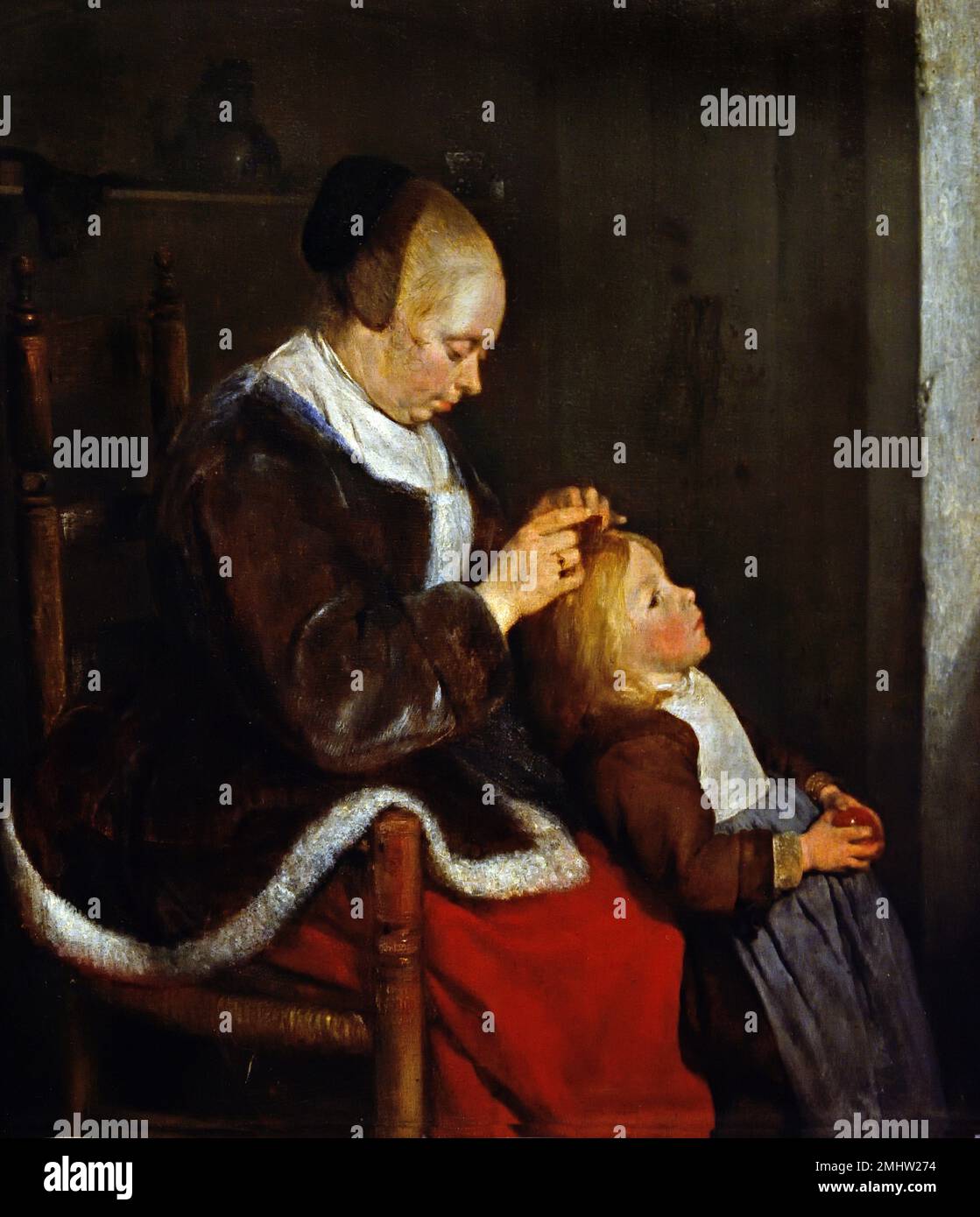 Mutter Kämmen ihrer Kinder die Haare (Jagd für Läuse) 1652 Gerard ter Borch 1617-1681 niederländischen Niederlande Niederlande Niederlande Stockfoto